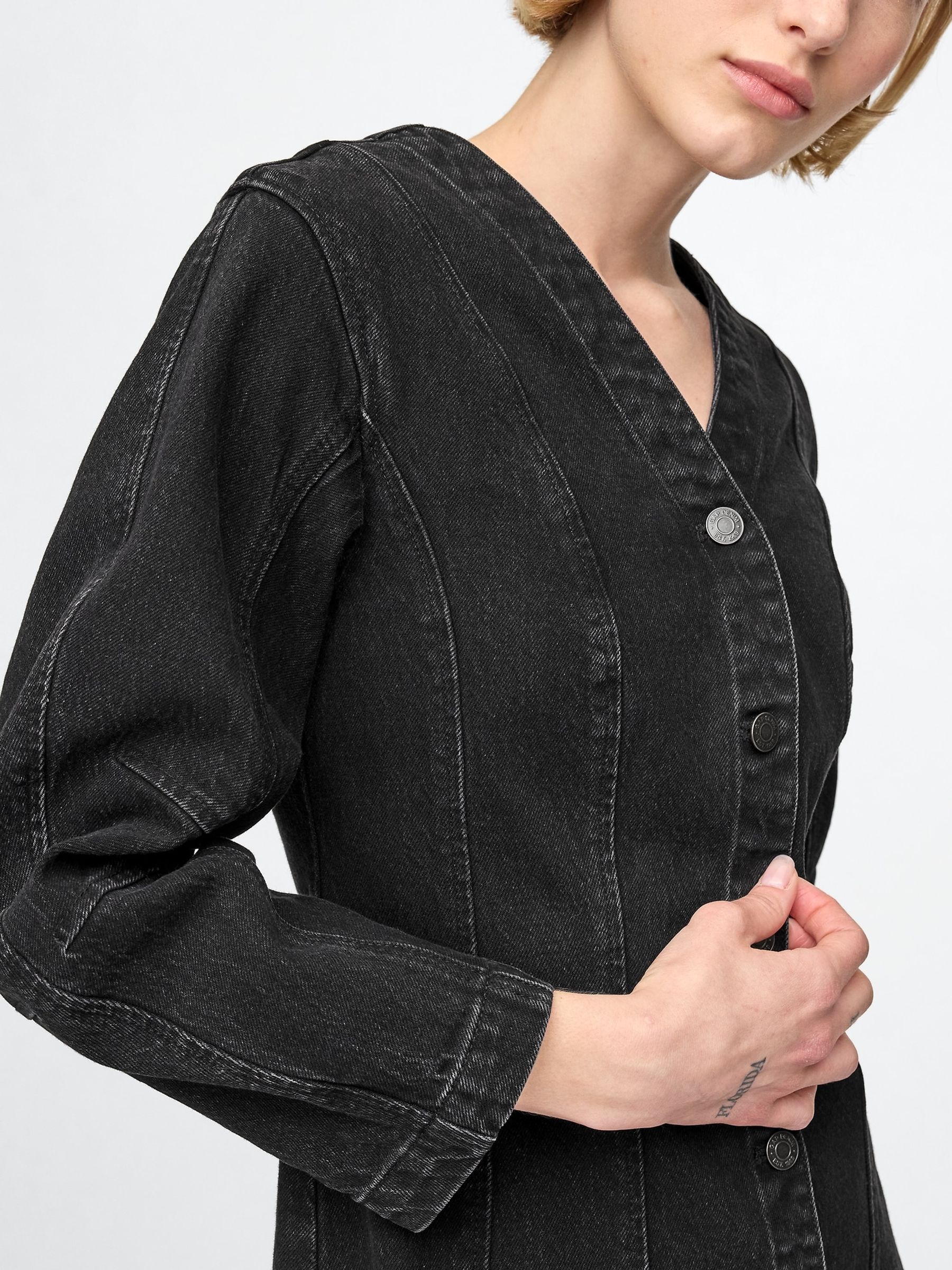 Black Barrel-Sleeve Denim Mini Shirt Dress - Image 4 of 4