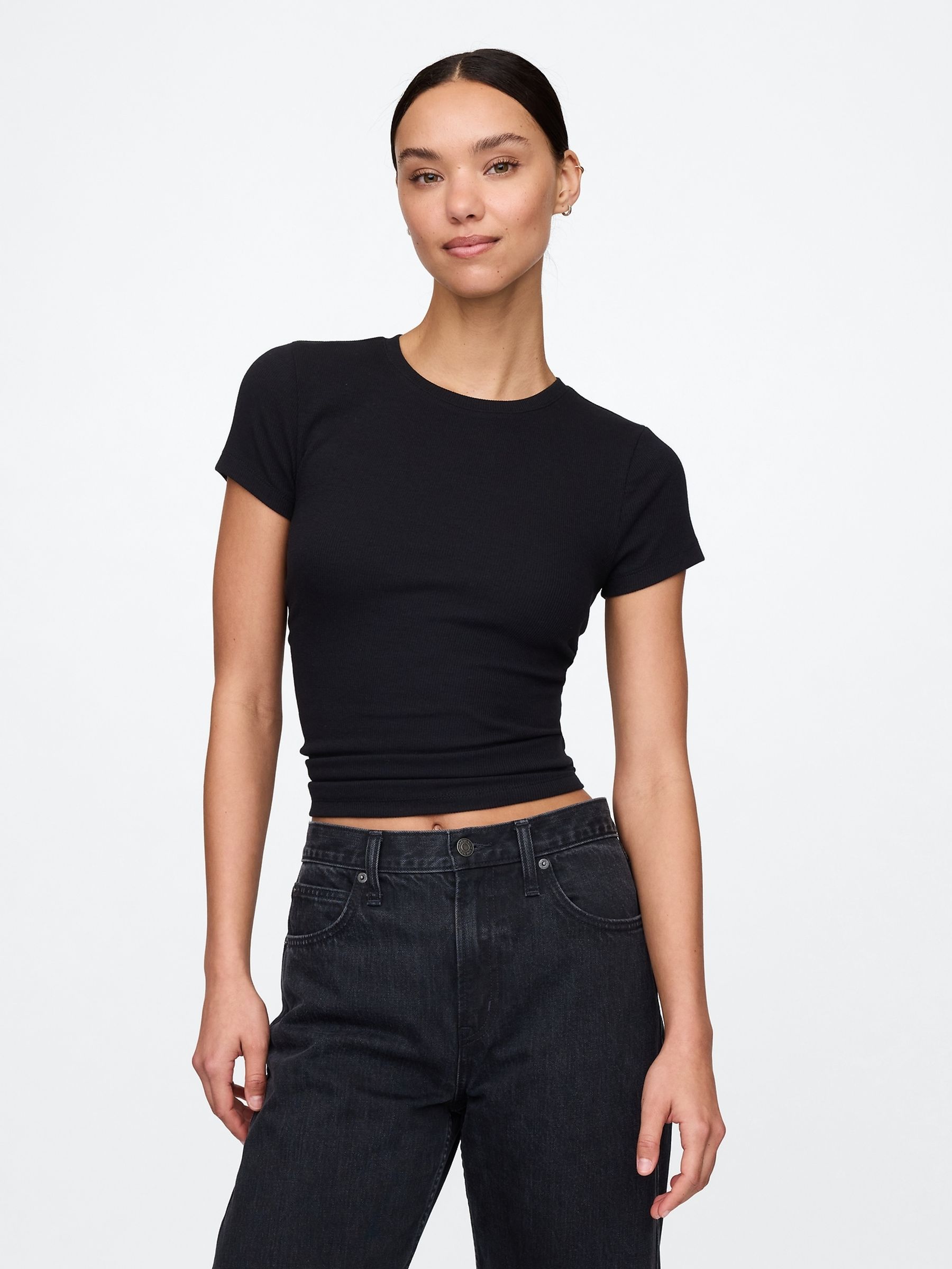 Black Modern Rib Cropped T-Shirt - Image 2 of 3