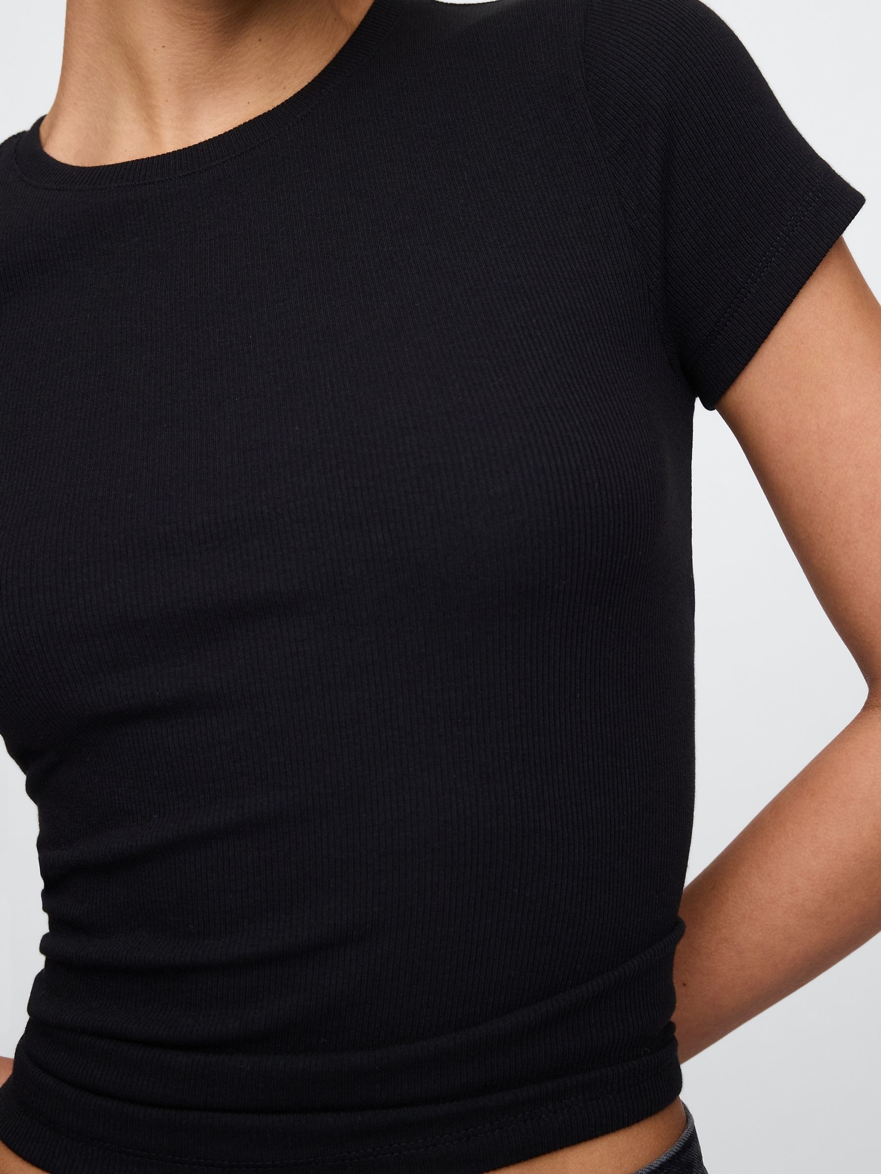 Black Modern Cotton-Modal Short Sleeve Ribbed Cropped T-Shirt - Image 4 of 5
