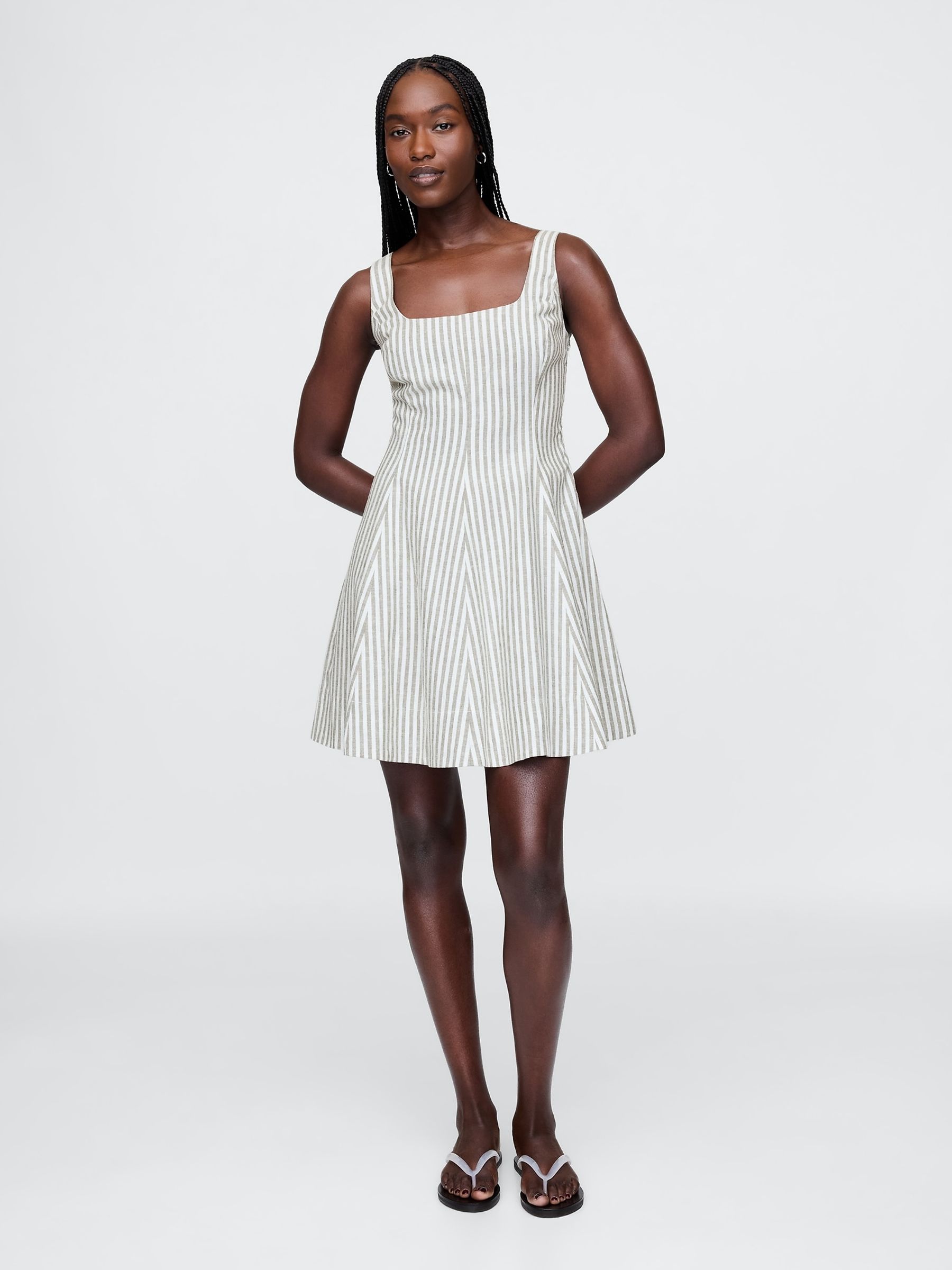 Green Stripe Heavyweight Square Neck Linen-Blend Mini Dress | Gap
