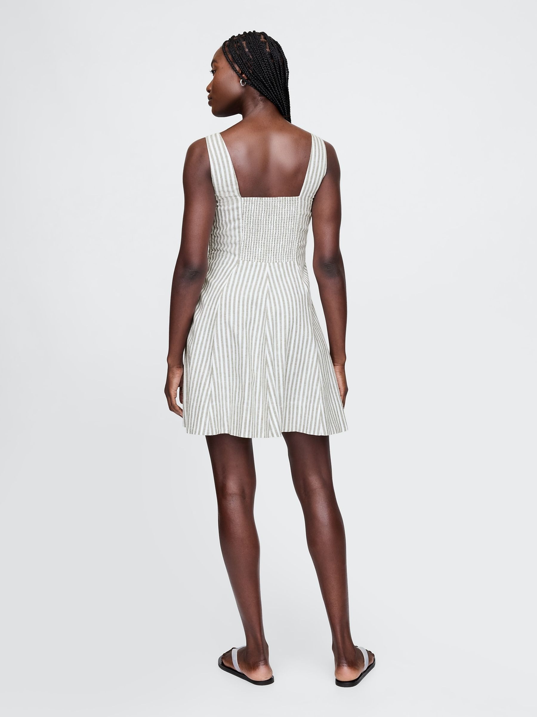 Green Stripe Heavyweight Square Neck Linen-Blend Mini Dress - Image 2 of 4