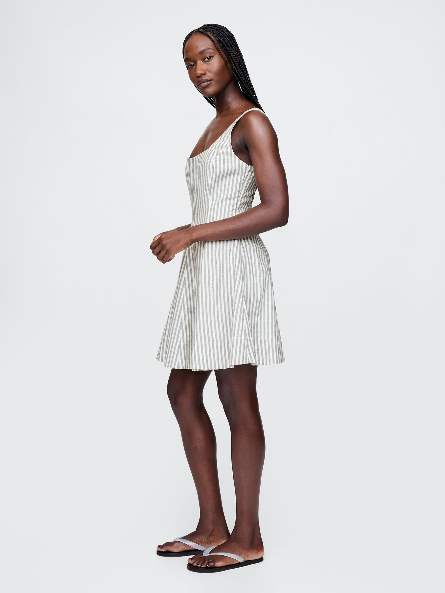 Green Stripe Heavyweight Square Neck Linen-Blend Mini Dress - Image 3 of 4