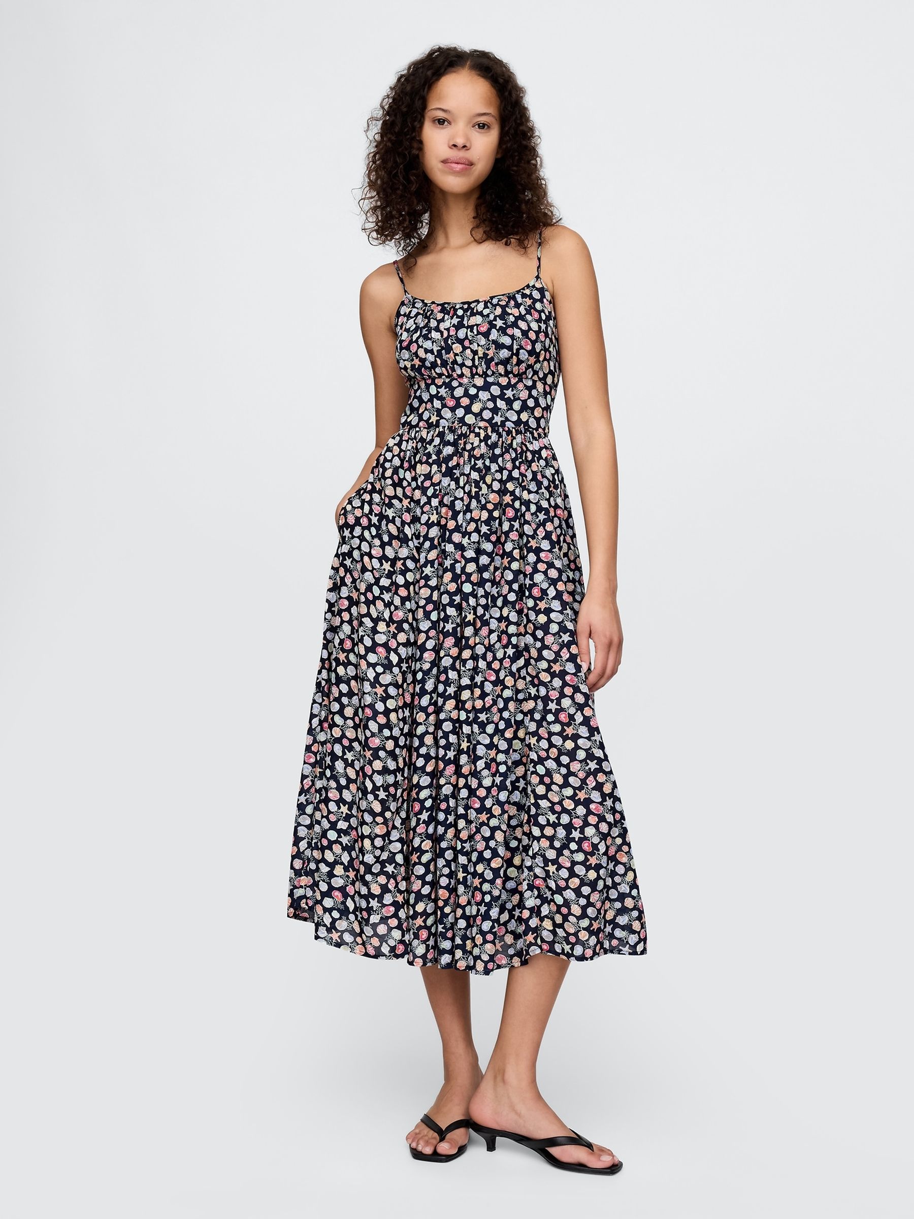 Black Sea Shell Print Tie-Strap Cami Midi Summer Dress - Image 1 of 5