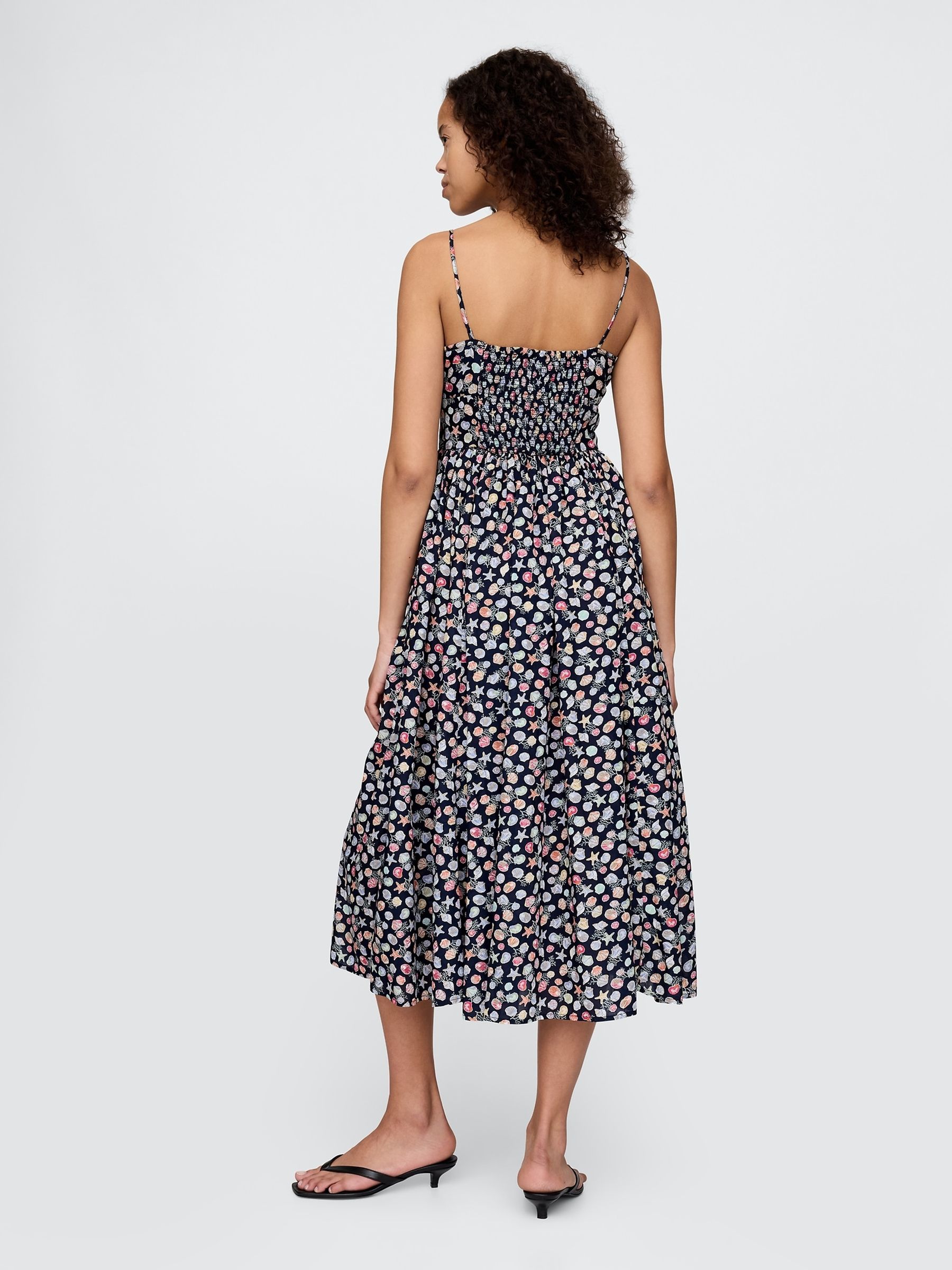 Black Sea Shell Print Tie-Strap Cami Midi Summer Dress - Image 2 of 5