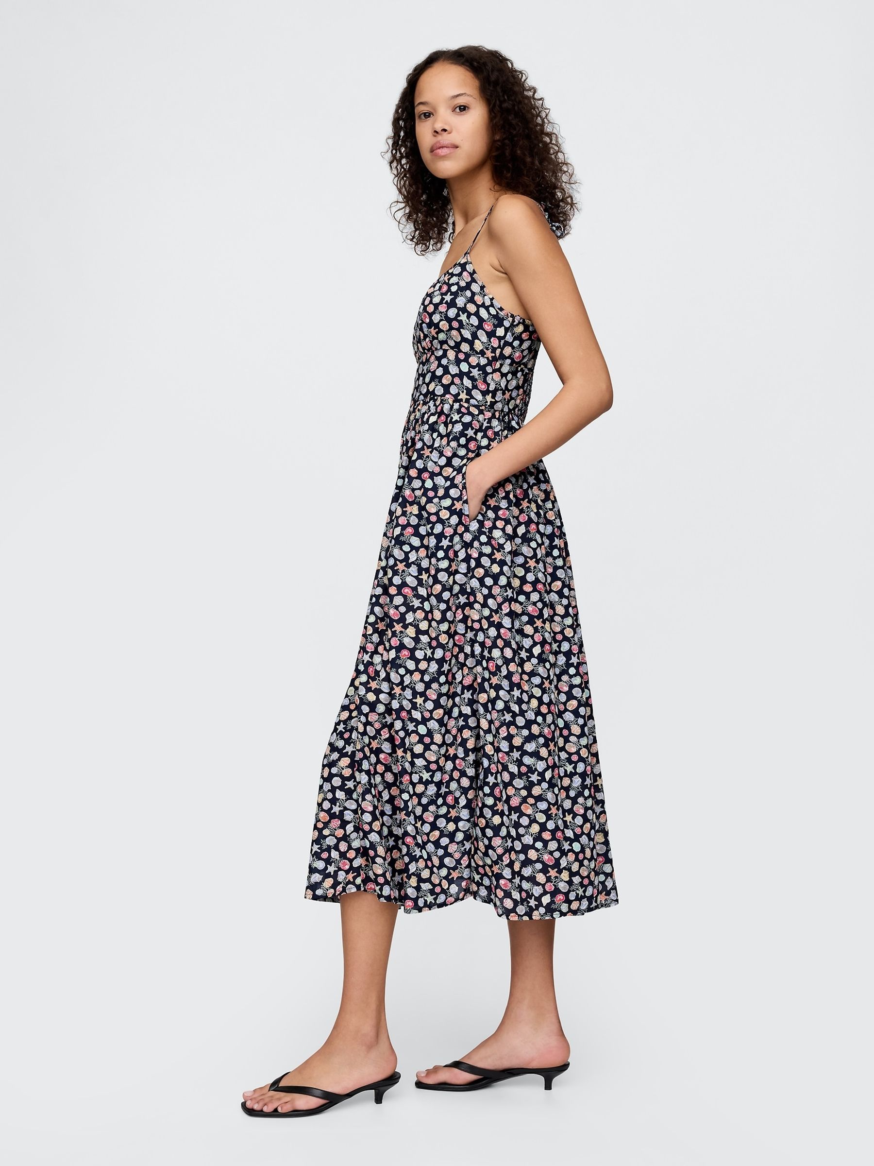 Black Sea Shell Print Tie-Strap Cami Midi Summer Dress - Image 3 of 5