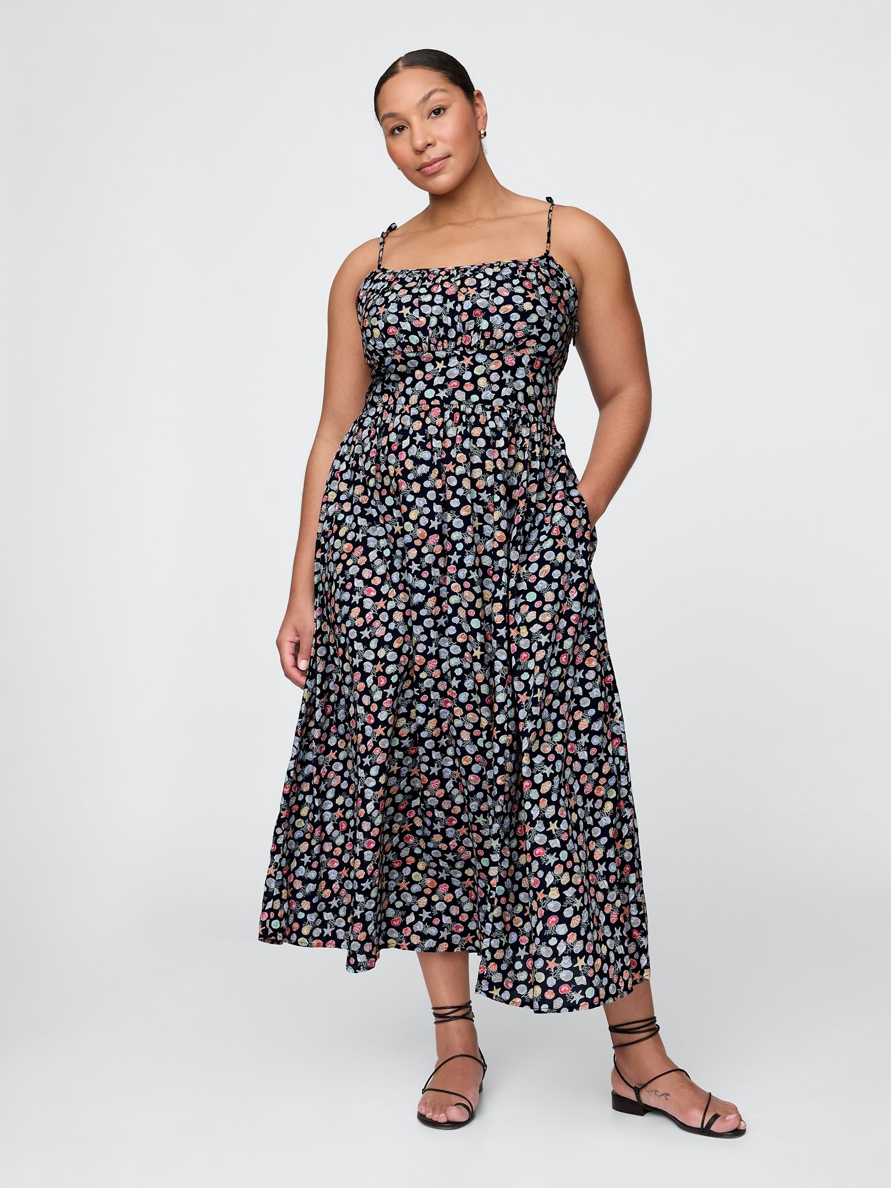 Black Sea Shell Print Tie-Strap Cami Midi Summer Dress - Image 4 of 5