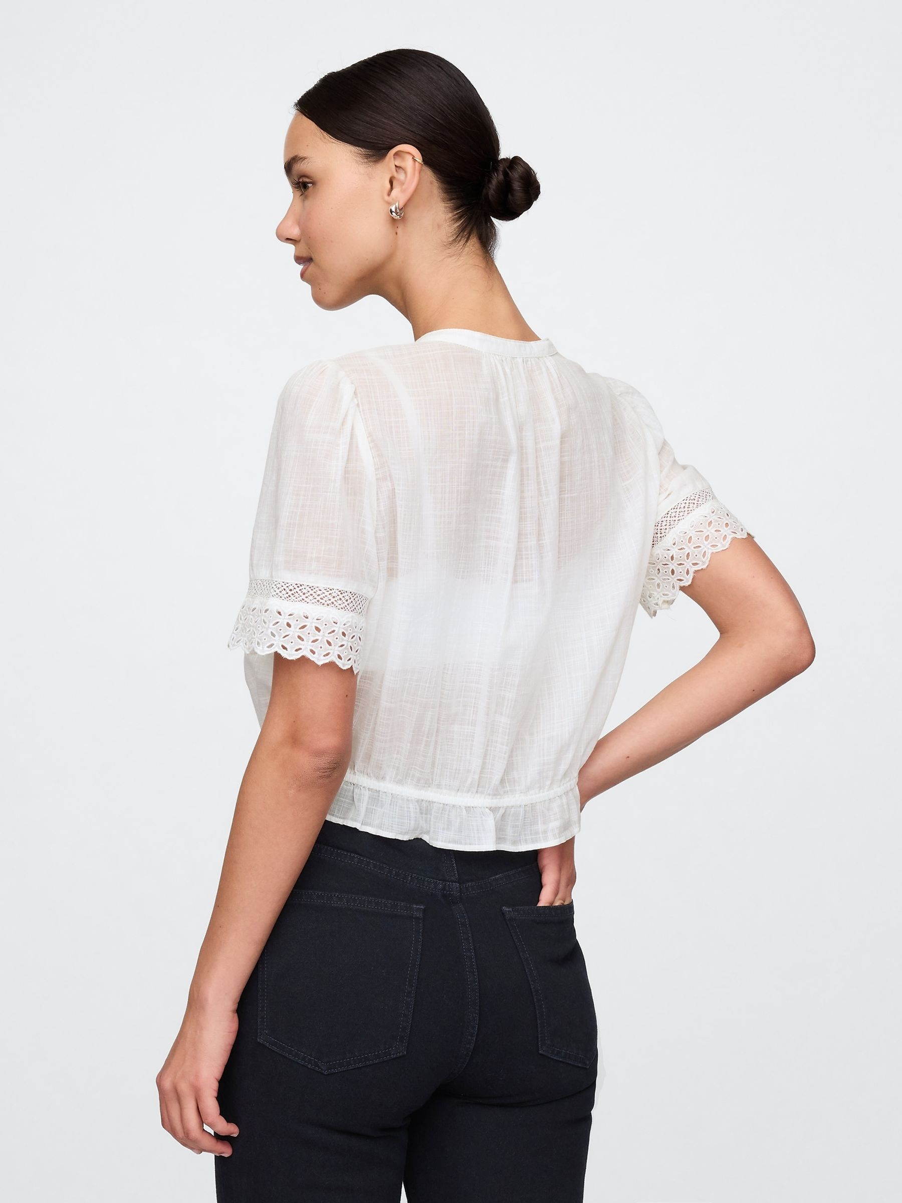White 100% Cotton Lace Elbow Sleeve Shirt - Image 2 of 4
