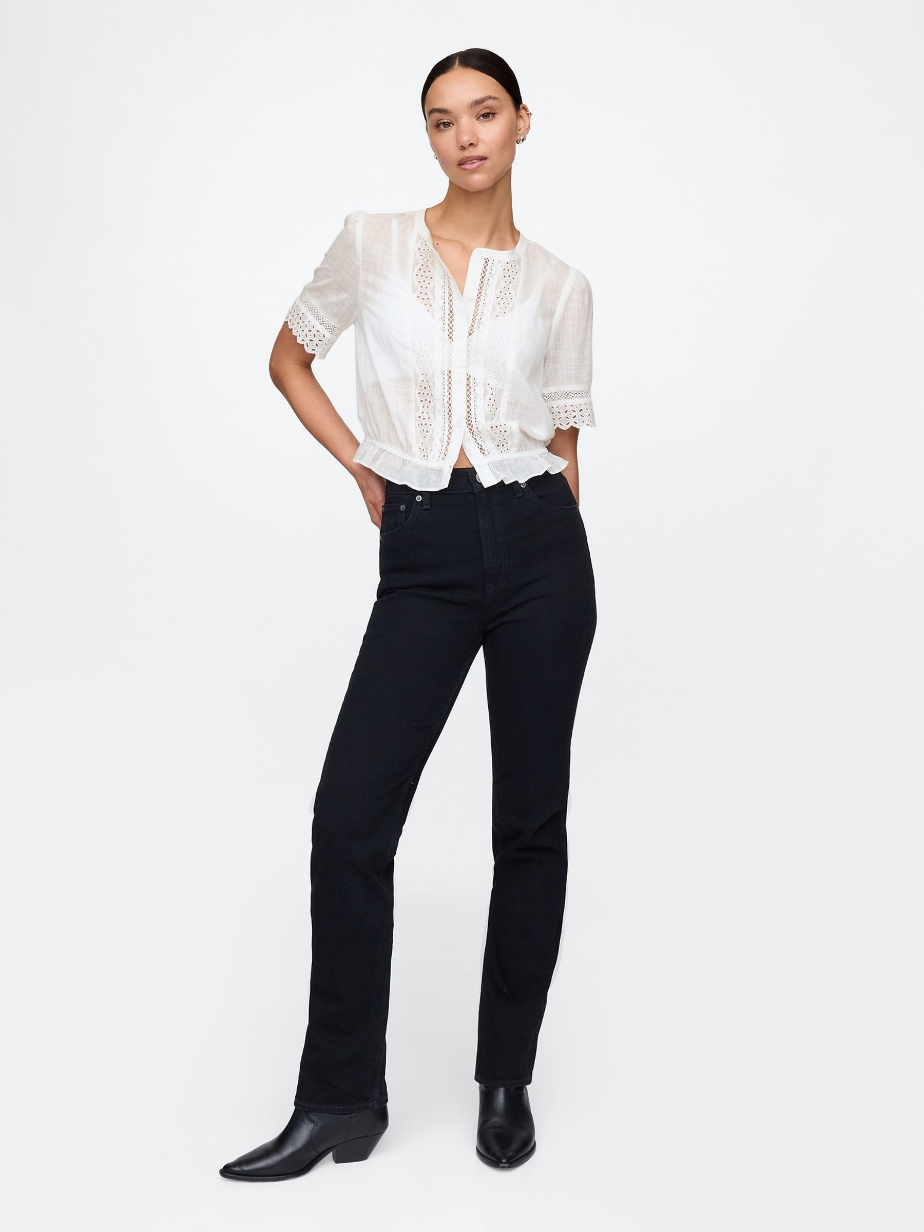 White 100% Cotton Lace Elbow Sleeve Shirt - Image 3 of 4