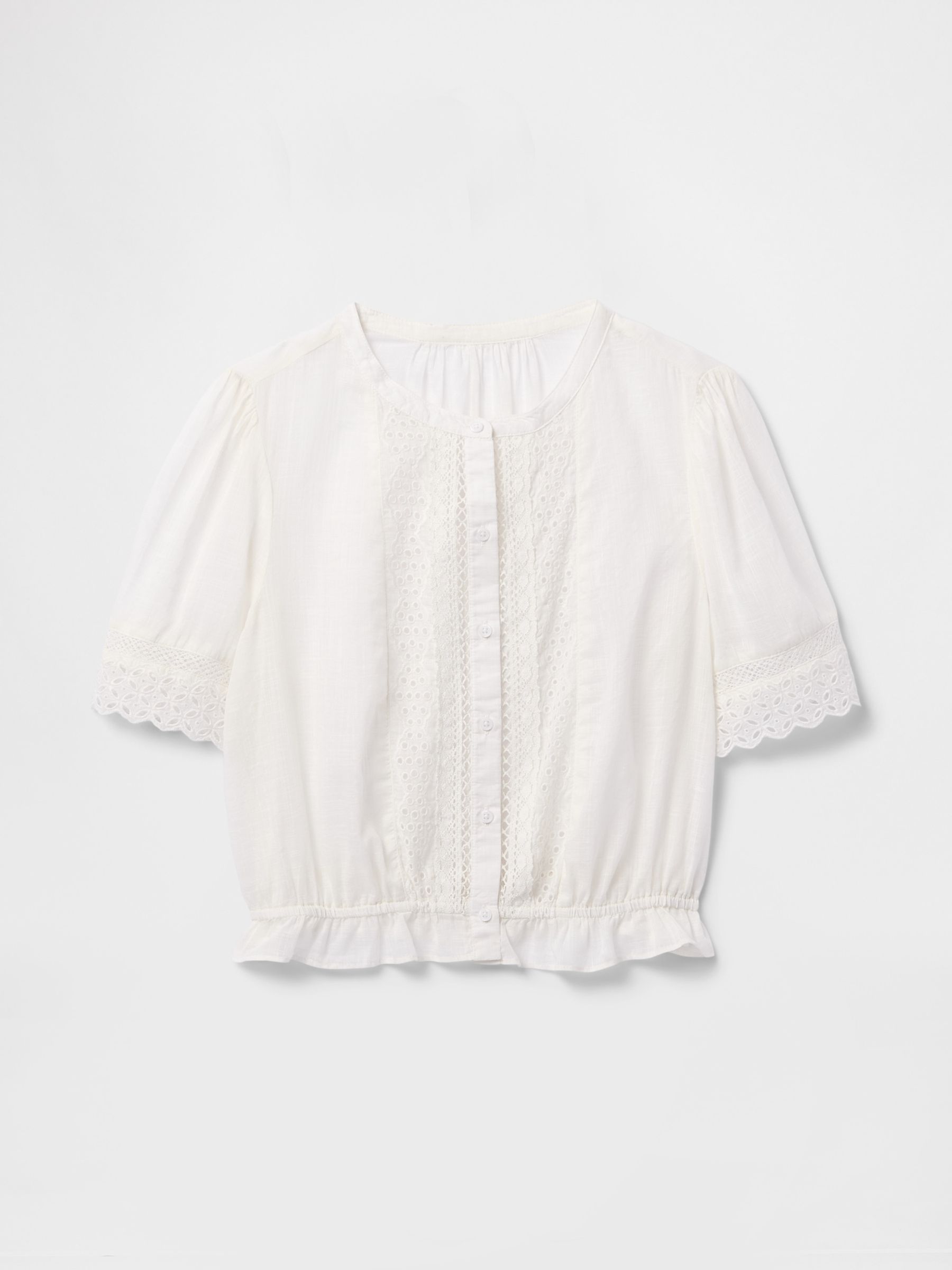 White 100% Cotton Lace Elbow Sleeve Shirt - Image 4 of 4