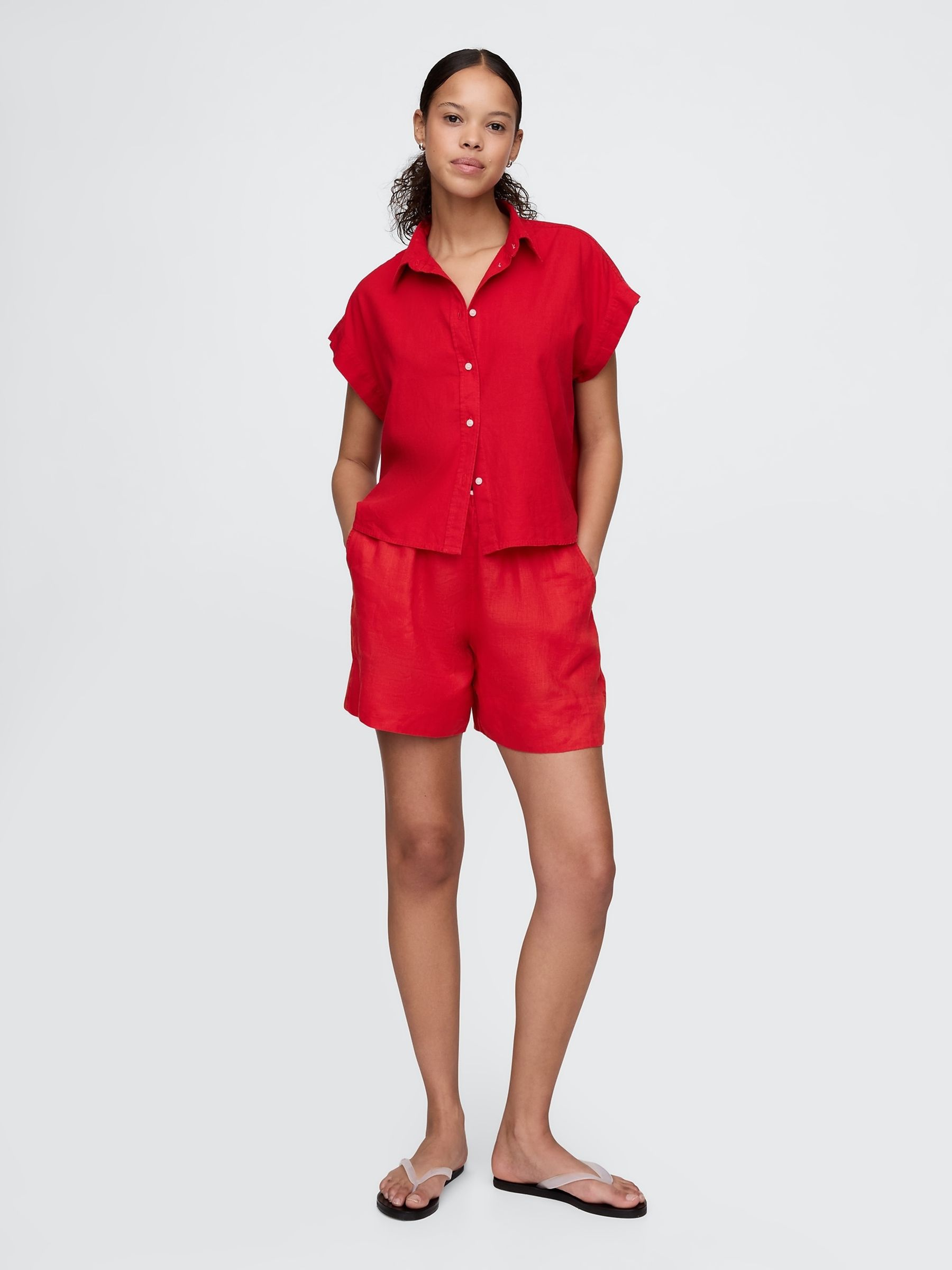 Red Linen-Blend Cropped Shirt - Image 3 of 4