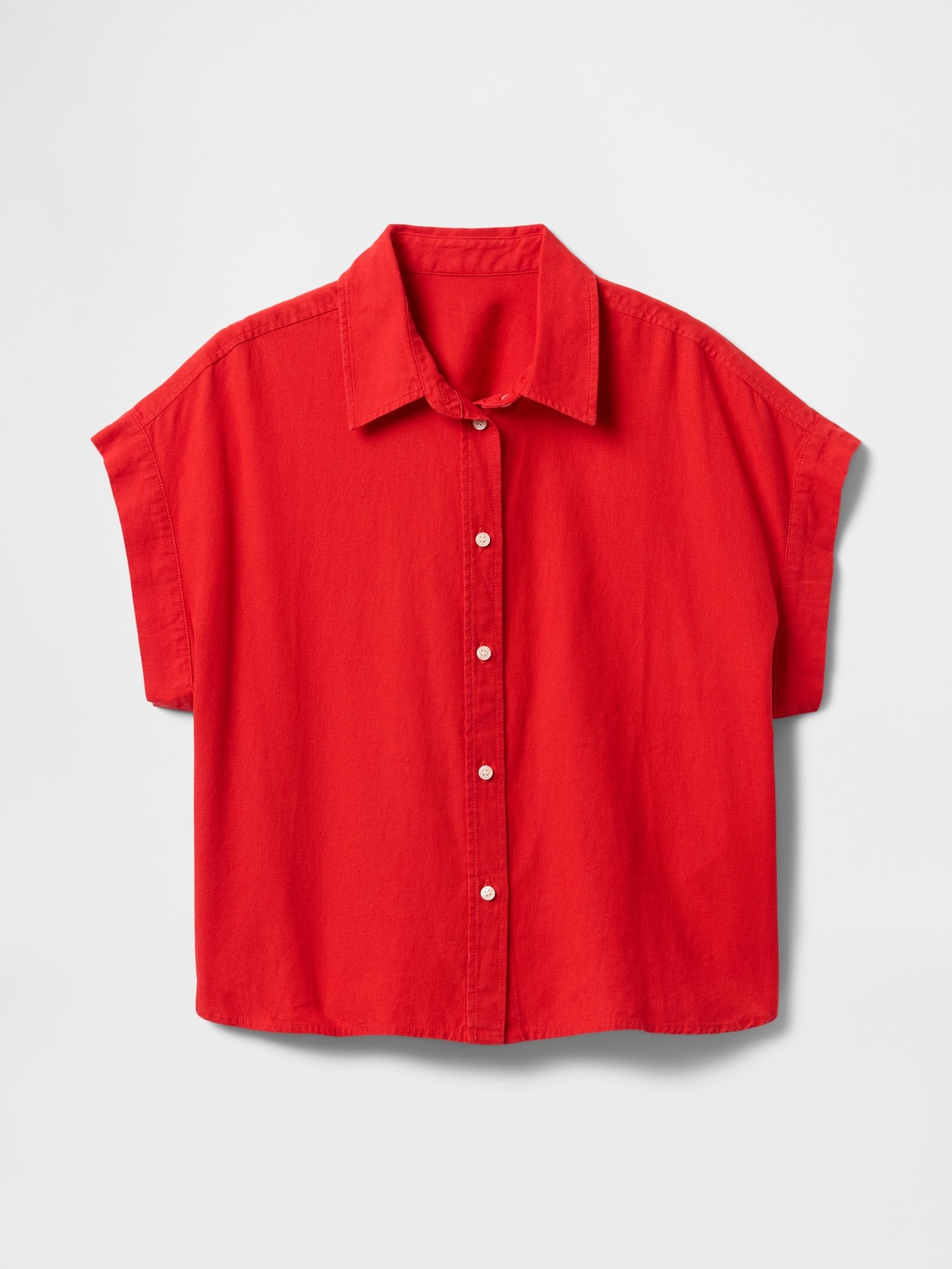 Red Linen-Blend Cropped Shirt - Image 4 of 4