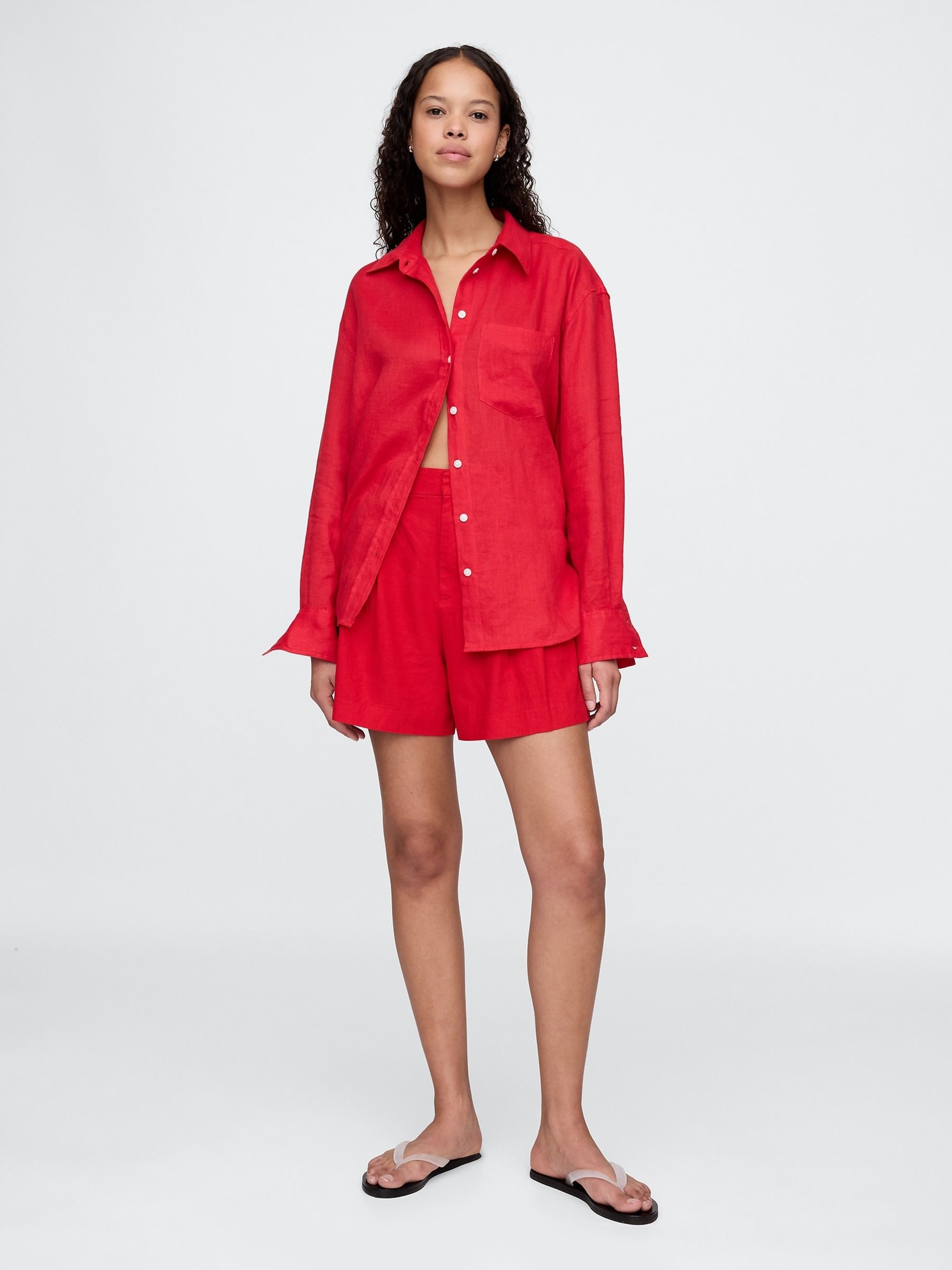 Red Heavyweight High Waisted Linen-Blend Shorts - Image 3 of 4