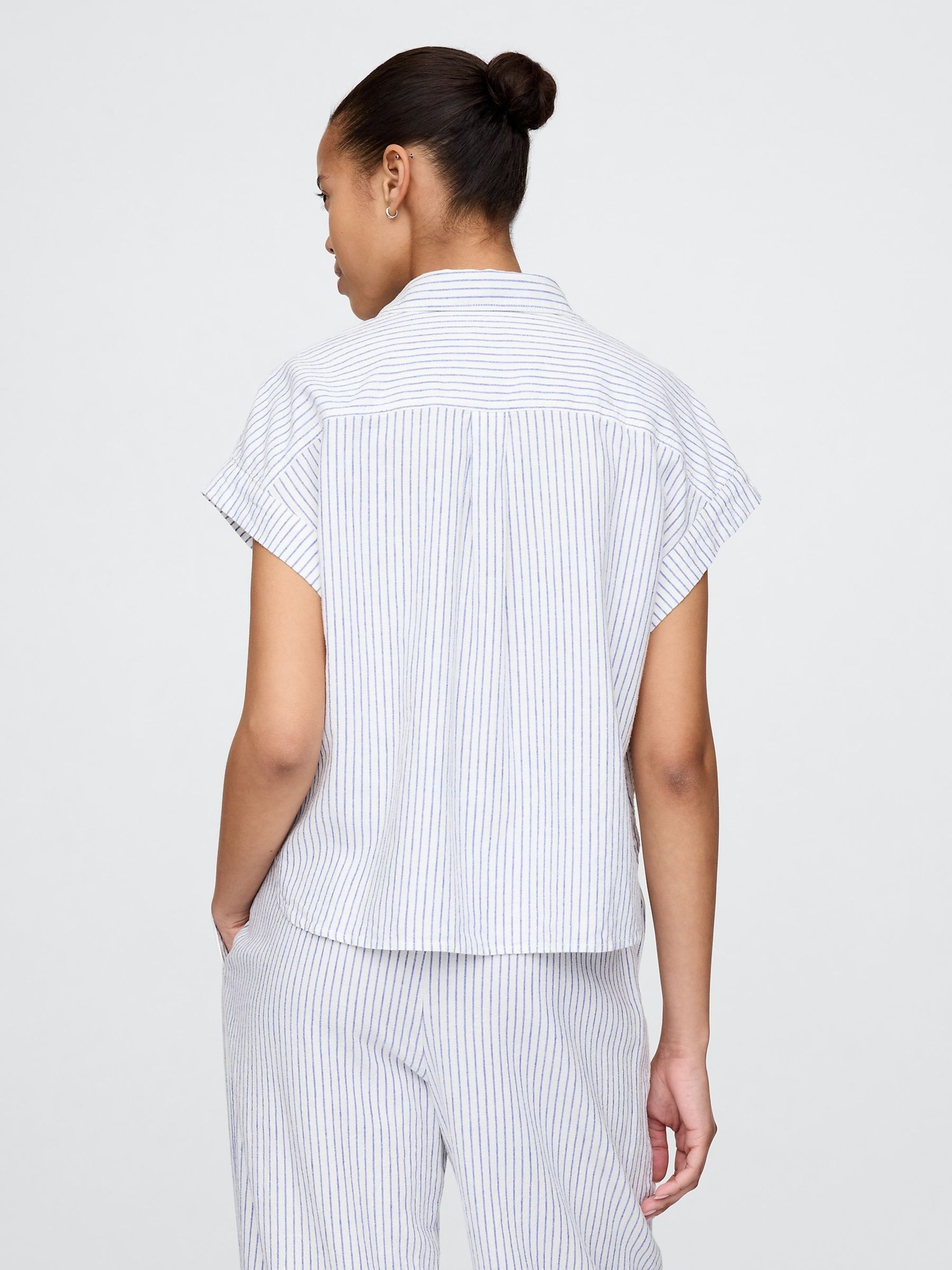 Blue Stripe Linen-Blend Cropped Shirt - Image 2 of 5