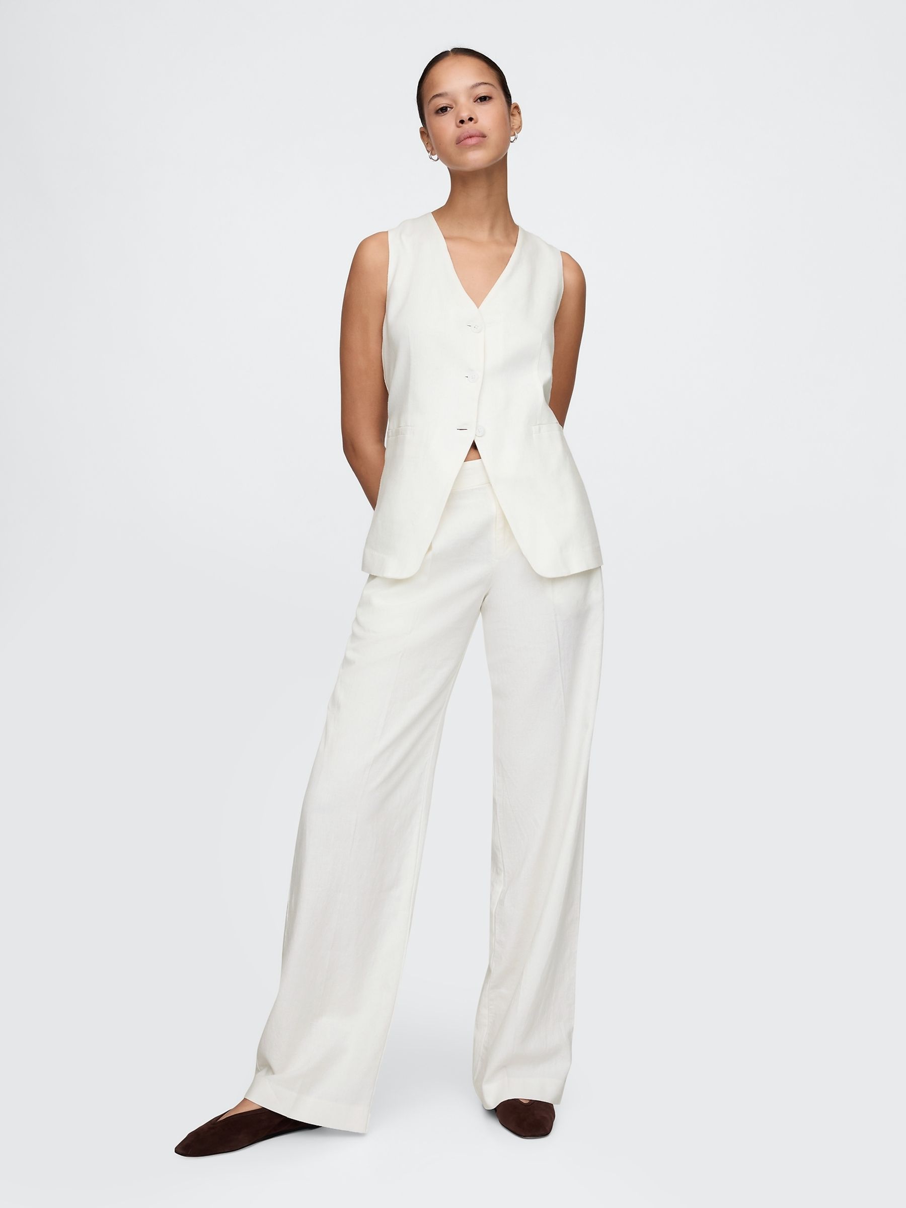 White Heavyweight Linen Blend Longline Waistcoat - Image 3 of 4