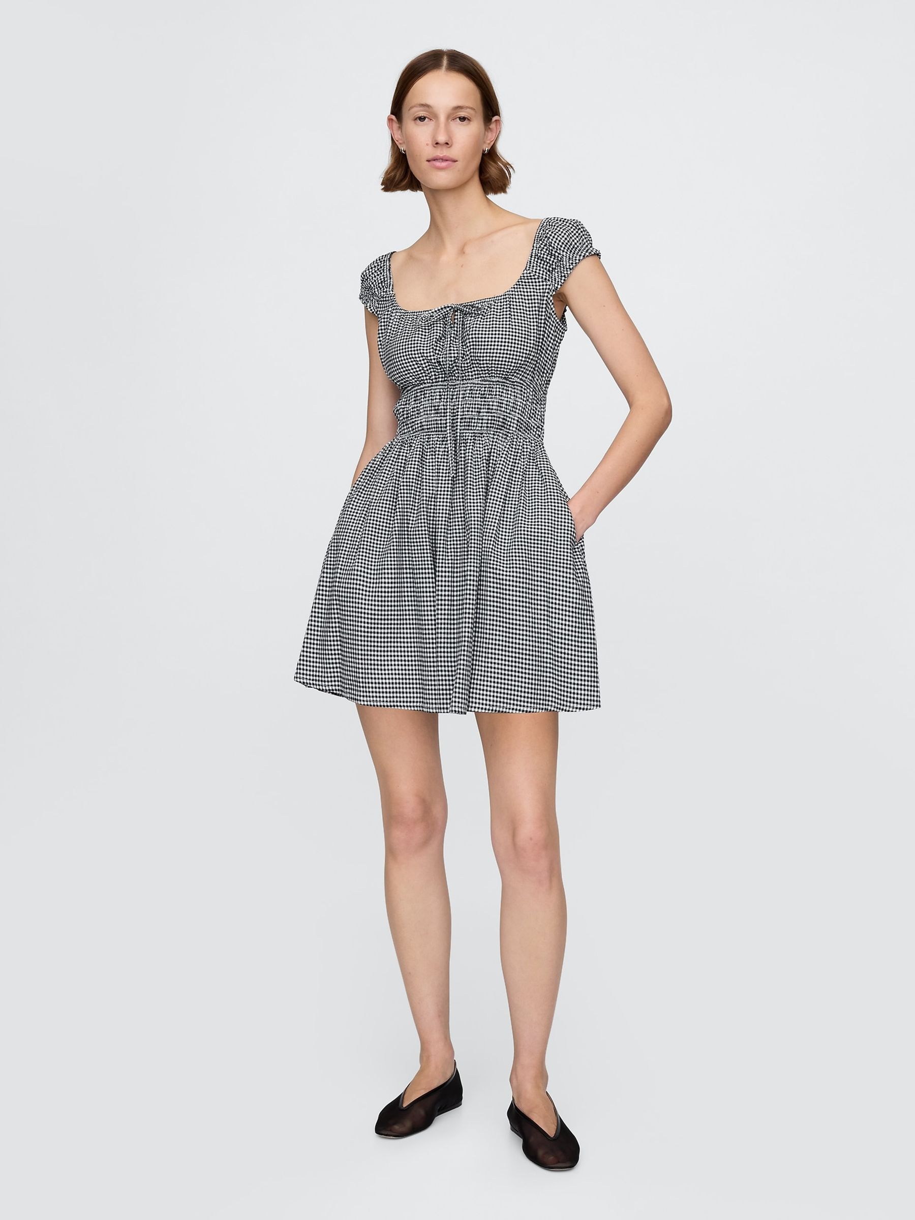 Black & White Gingham 100% Cotton Tie-Front Smocked Waist Mini Dress - Image 1 of 7