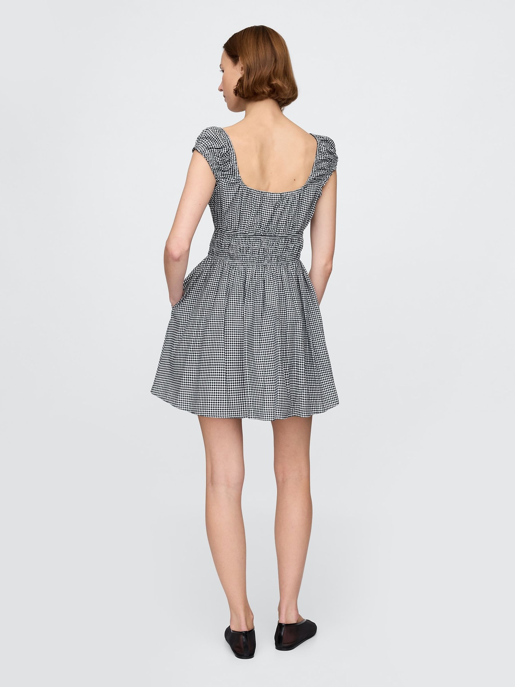 Black & White Gingham 100% Cotton Tie-Front Smocked Waist Mini Dress - Image 2 of 7