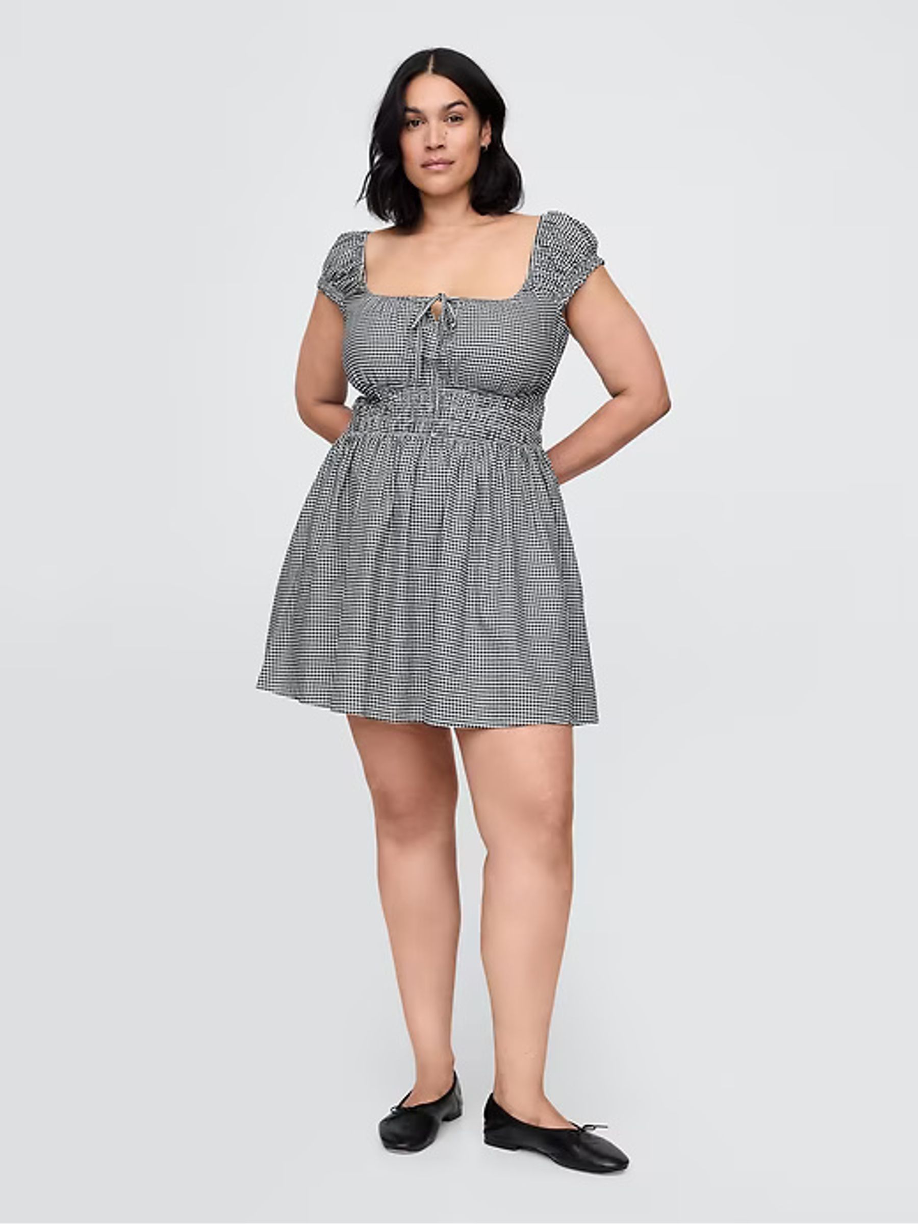 Black & White Gingham 100% Cotton Tie-Front Smocked Waist Mini Dress - Image 4 of 7