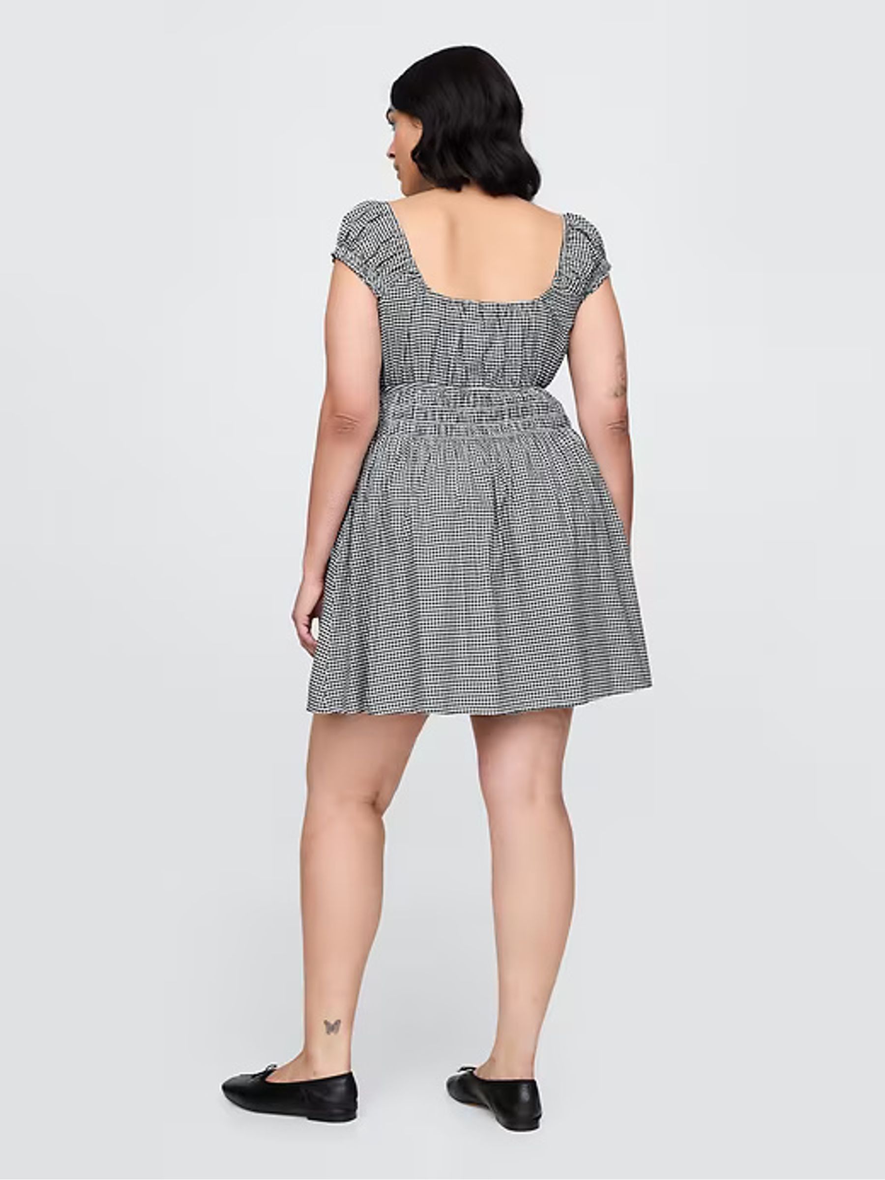 Black & White Gingham 100% Cotton Tie-Front Smocked Waist Mini Dress - Image 5 of 7