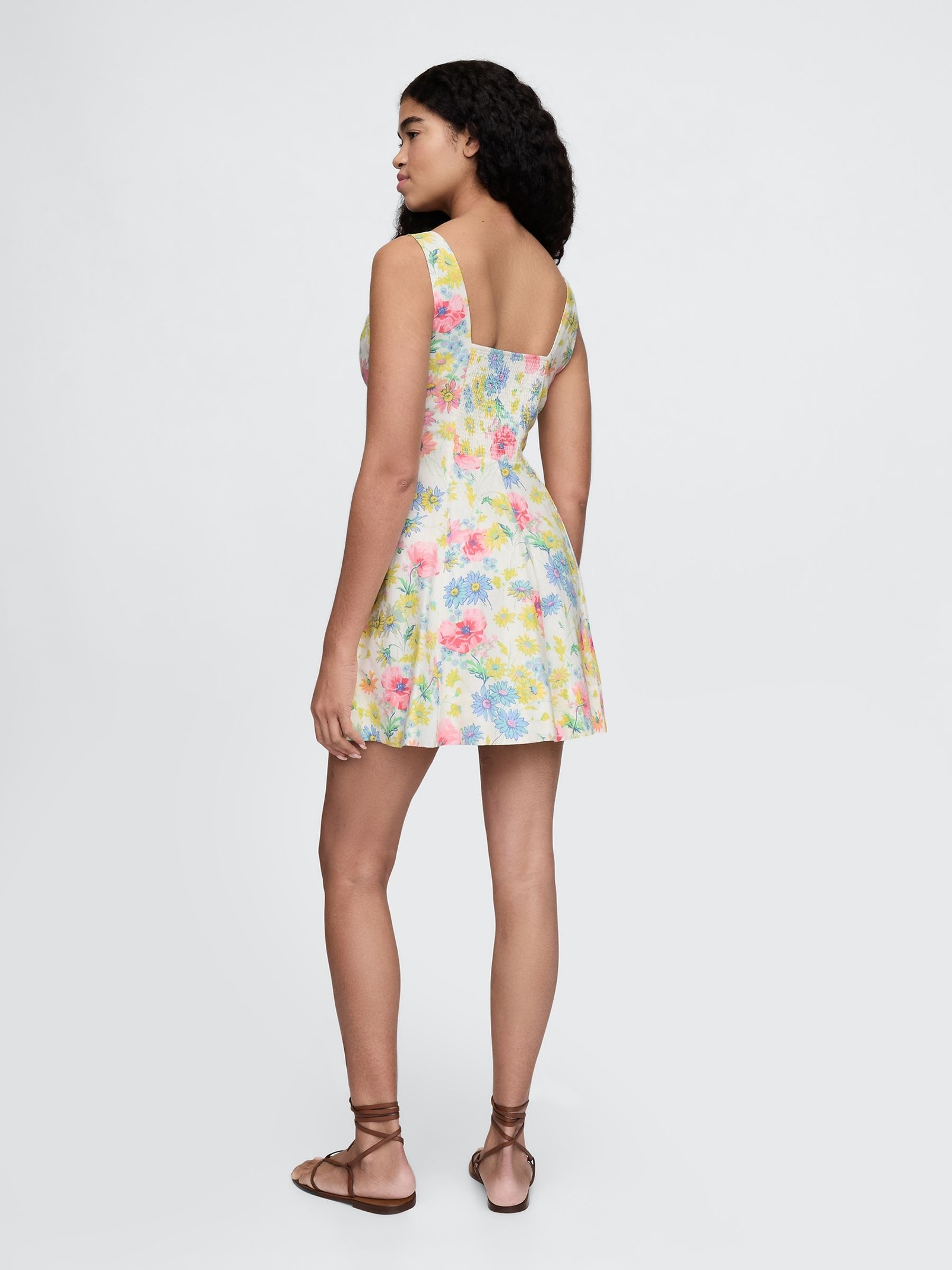 Cream Floral Heavyweight Square Neck Linen-Blend Mini Dress - Image 2 of 5
