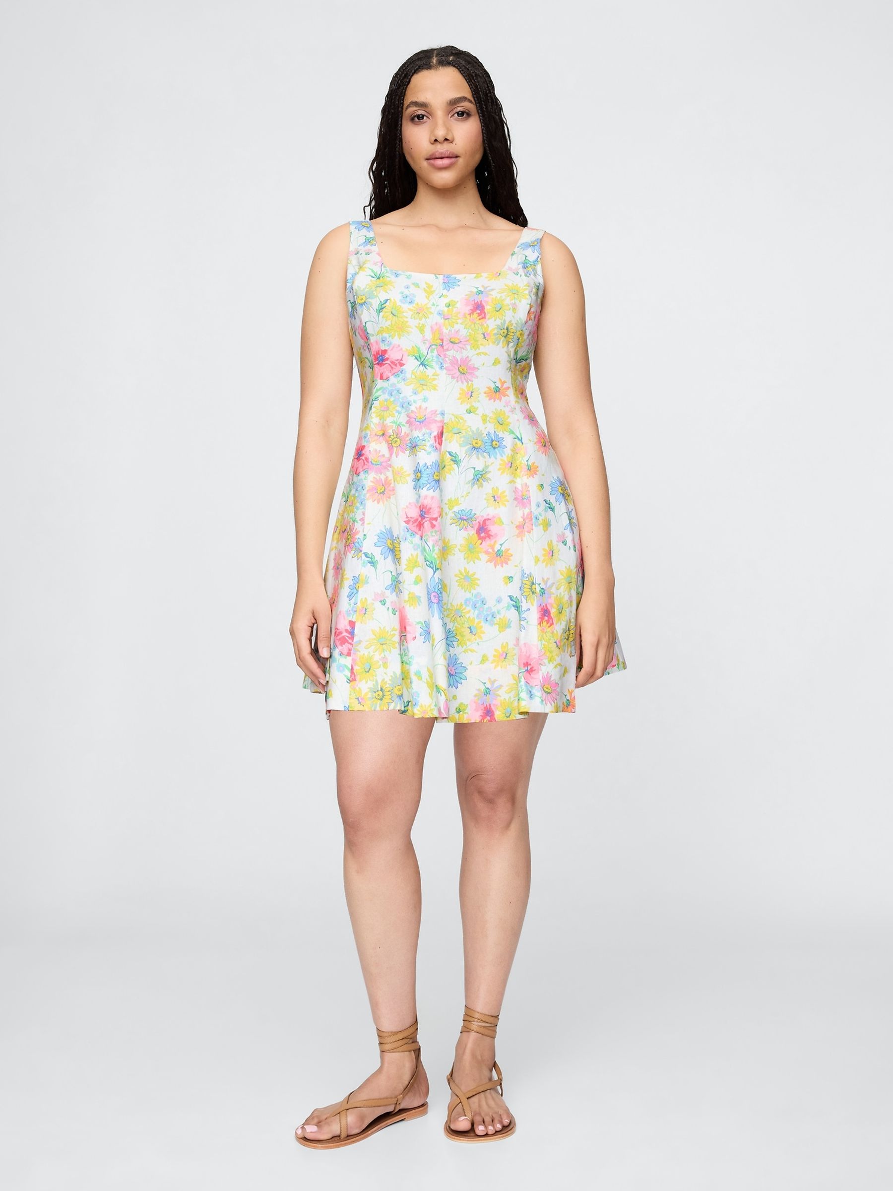 Cream Floral Heavyweight Square Neck Linen-Blend Mini Dress - Image 4 of 5