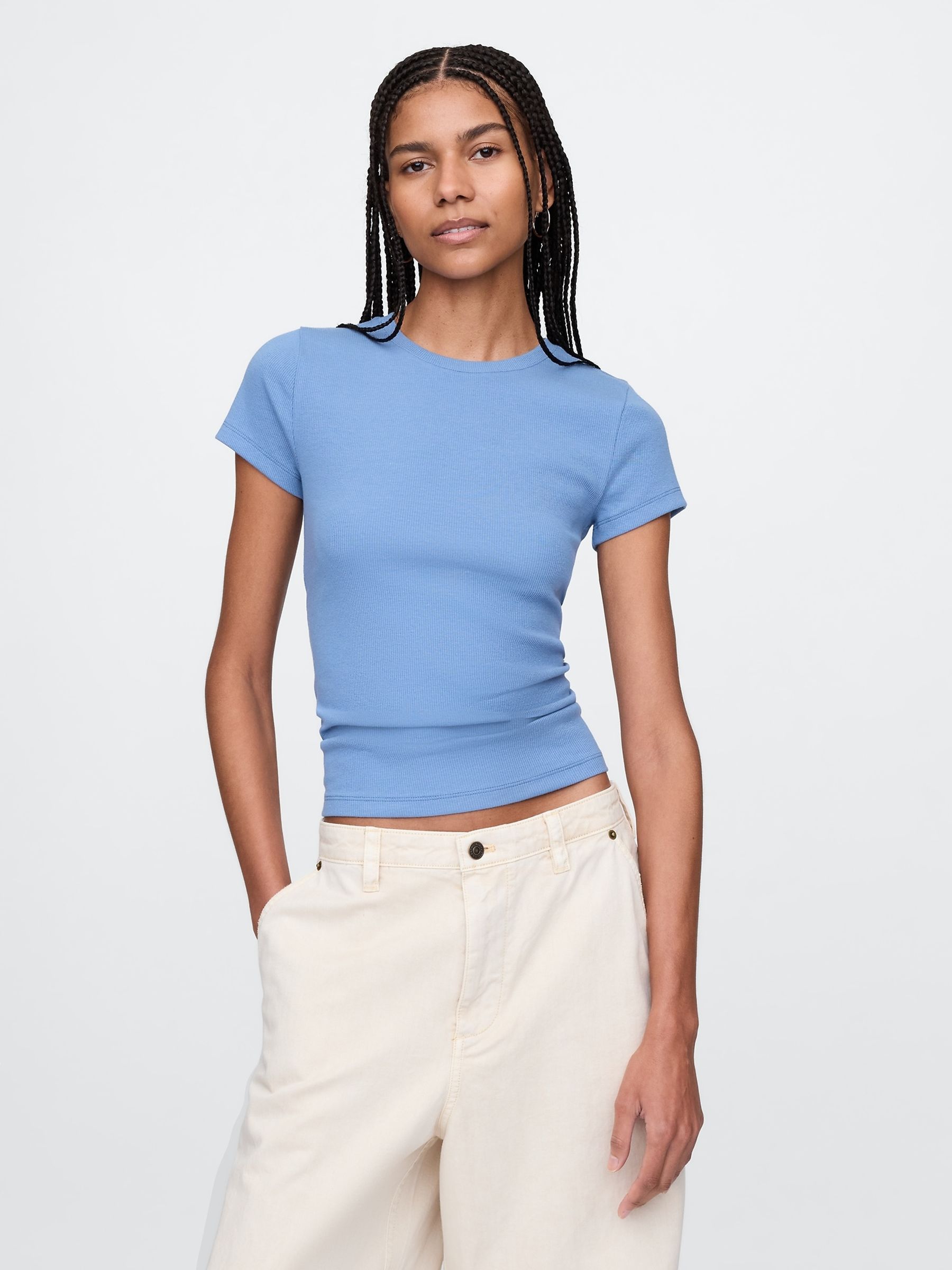 Blue Modern Rib Cropped T-Shirt - Image 1 of 5