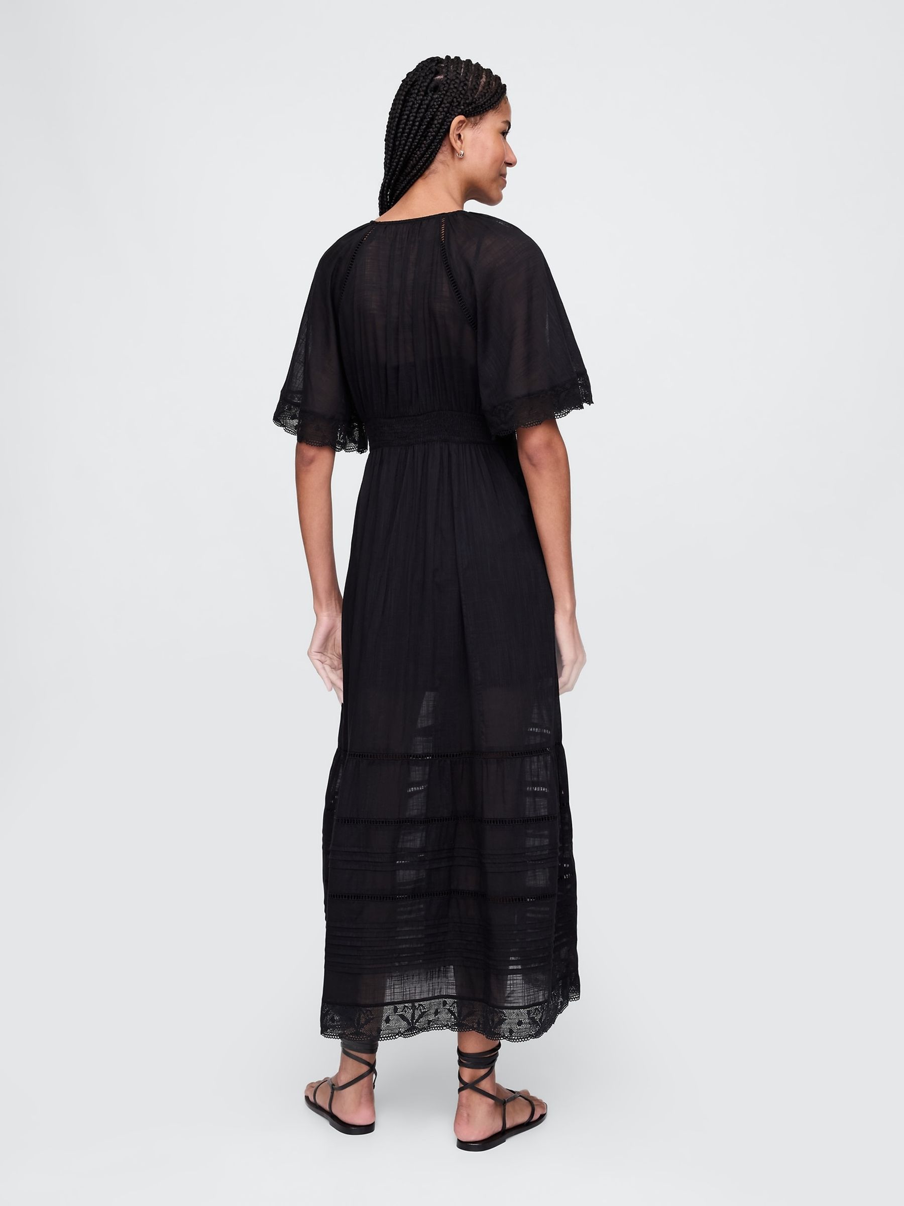 Black 100% Cotton V-Neck Lace Midi Dress - Image 2 of 4