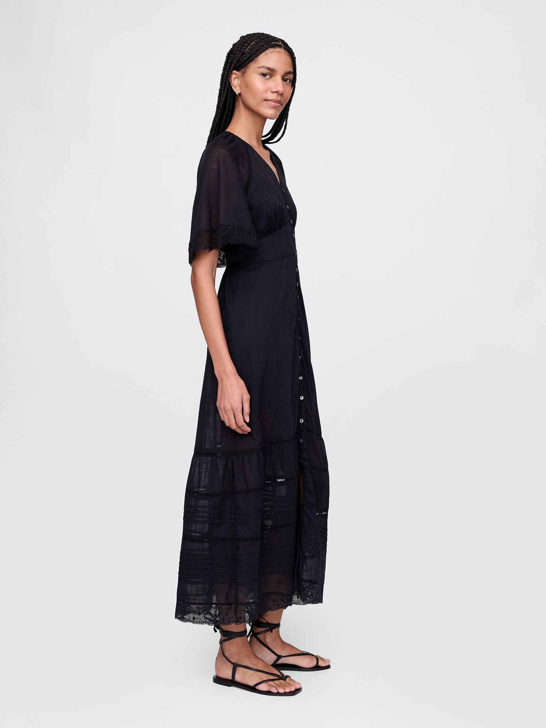 Black 100% Cotton V-Neck Lace Midi Dress - Image 3 of 4