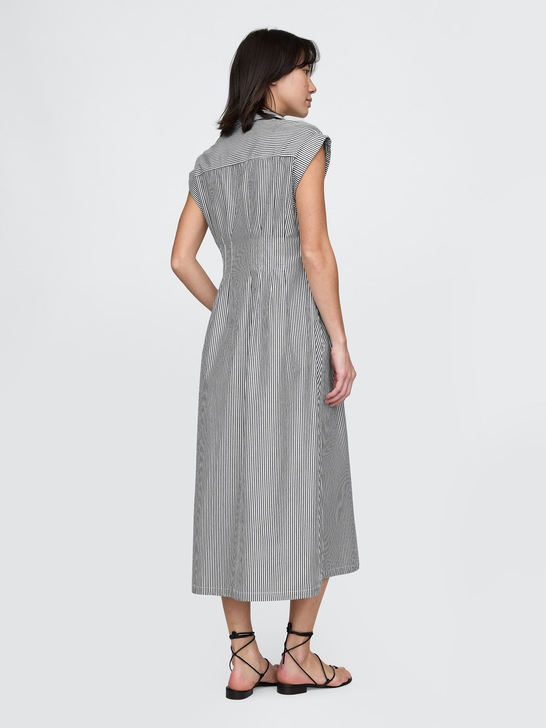 Black Stripe 100% Cotton Poplin Button Front Midi Shirt Dress - Image 2 of 9