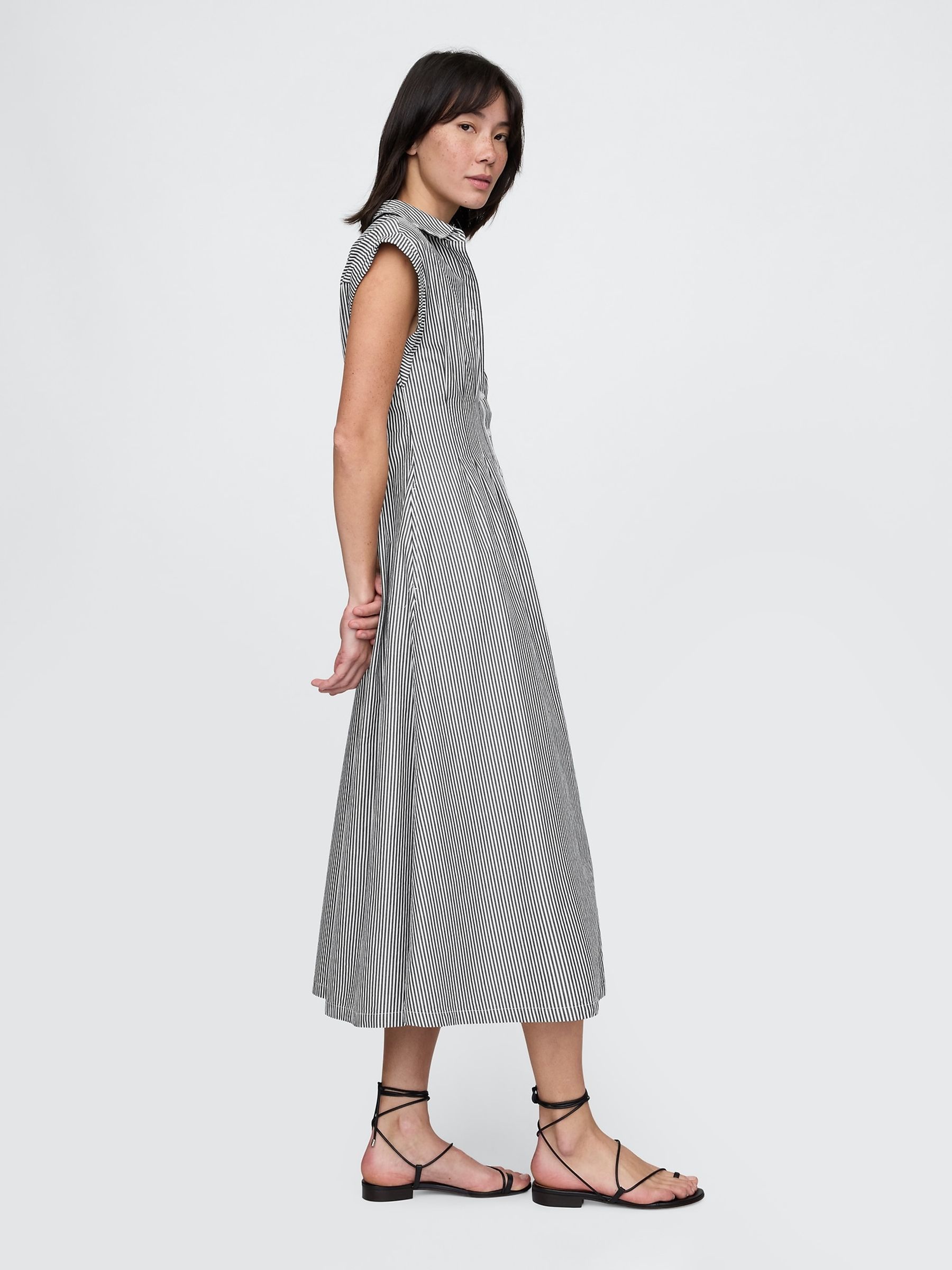 Black Stripe 100% Cotton Poplin Button Front Midi Shirt Dress - Image 3 of 9