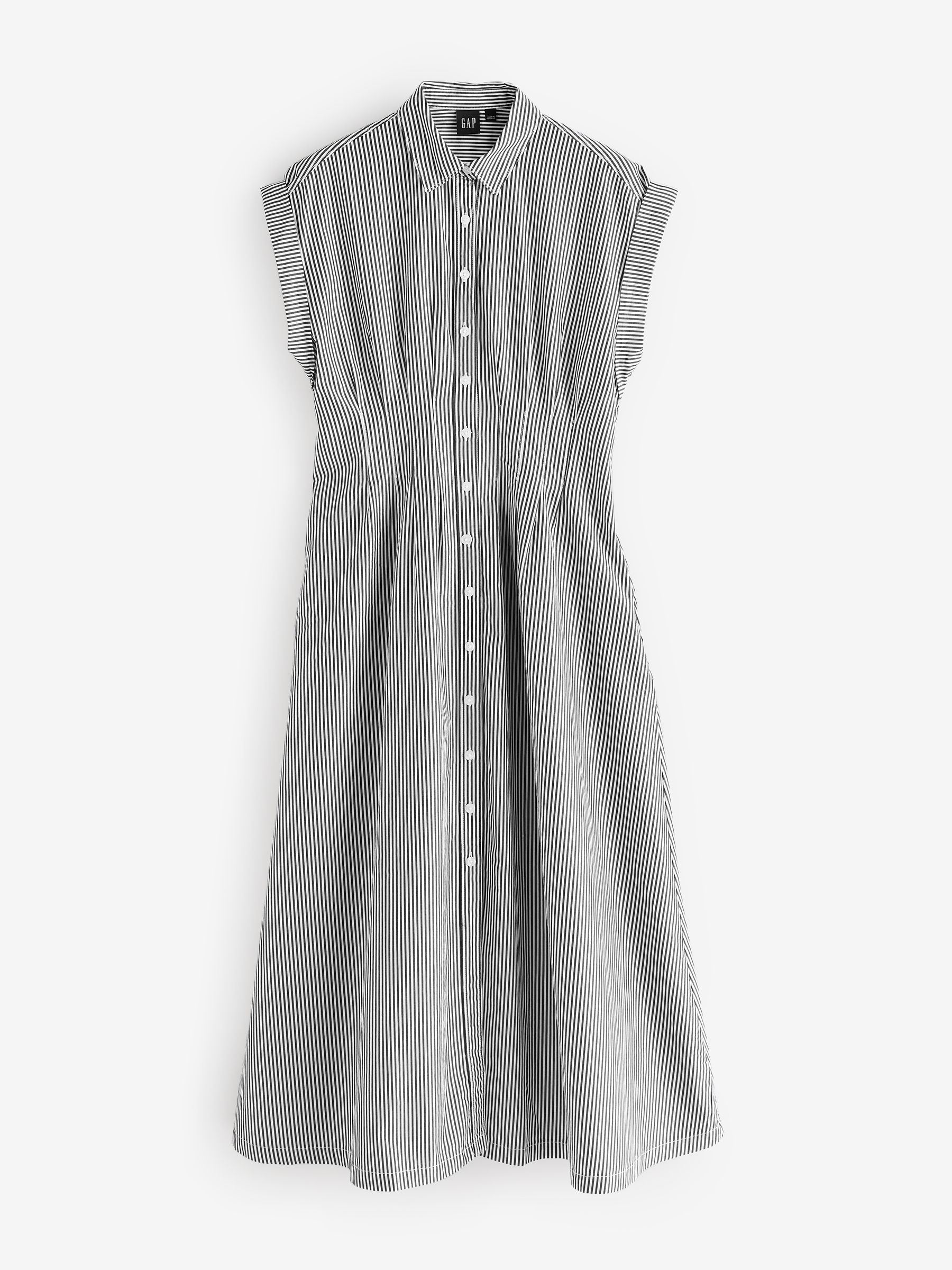 Black Stripe 100% Cotton Poplin Button Front Midi Shirt Dress - Image 5 of 9