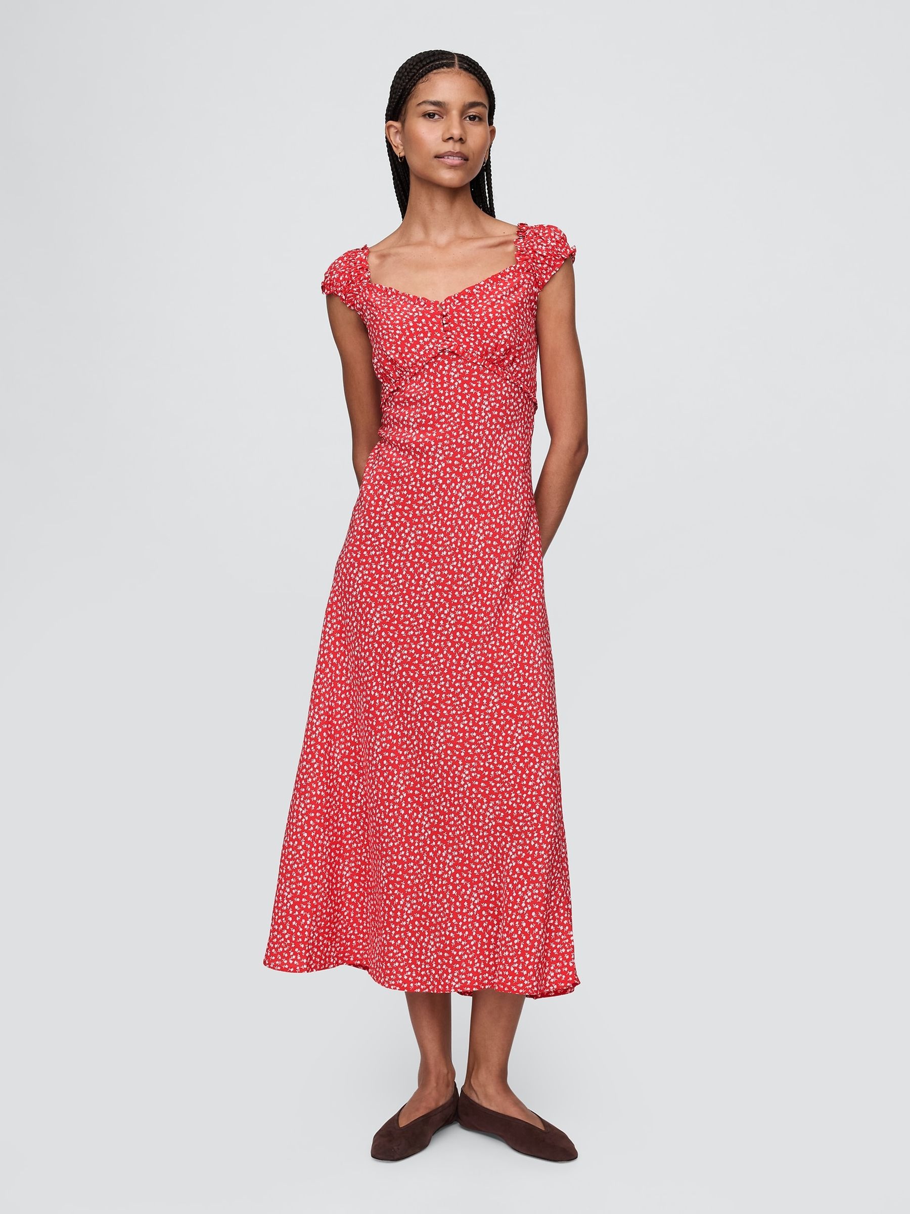 Red Sweetheart Neck Floral Midi Dress - Image 1 of 7