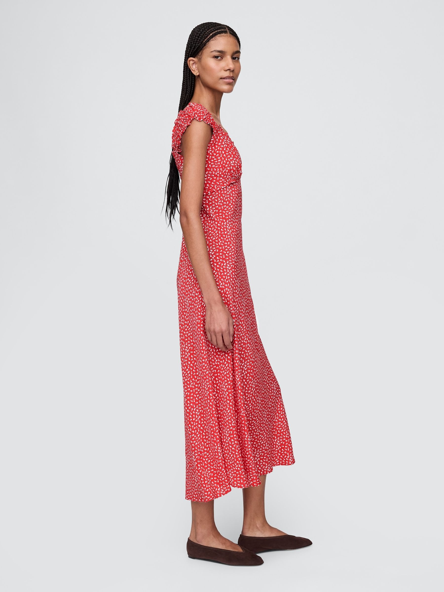 Red Sweetheart Neck Floral Midi Dress - Image 3 of 7