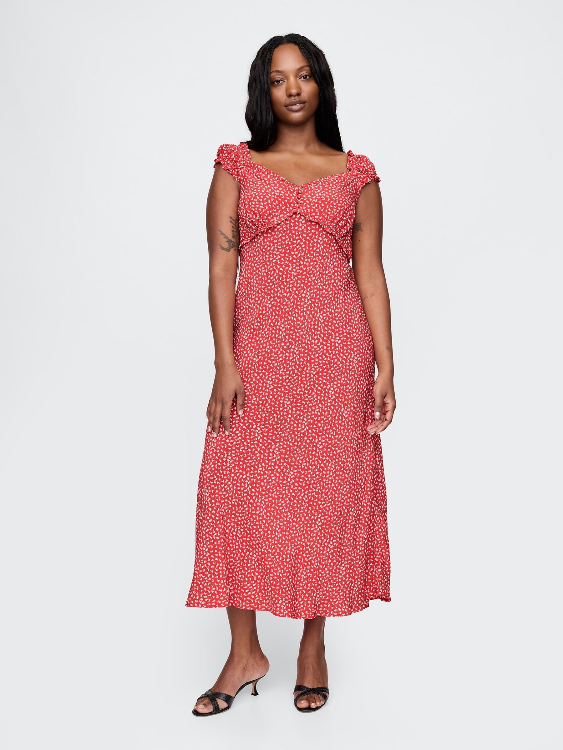 Red Sweetheart Neck Floral Midi Dress - Image 4 of 7