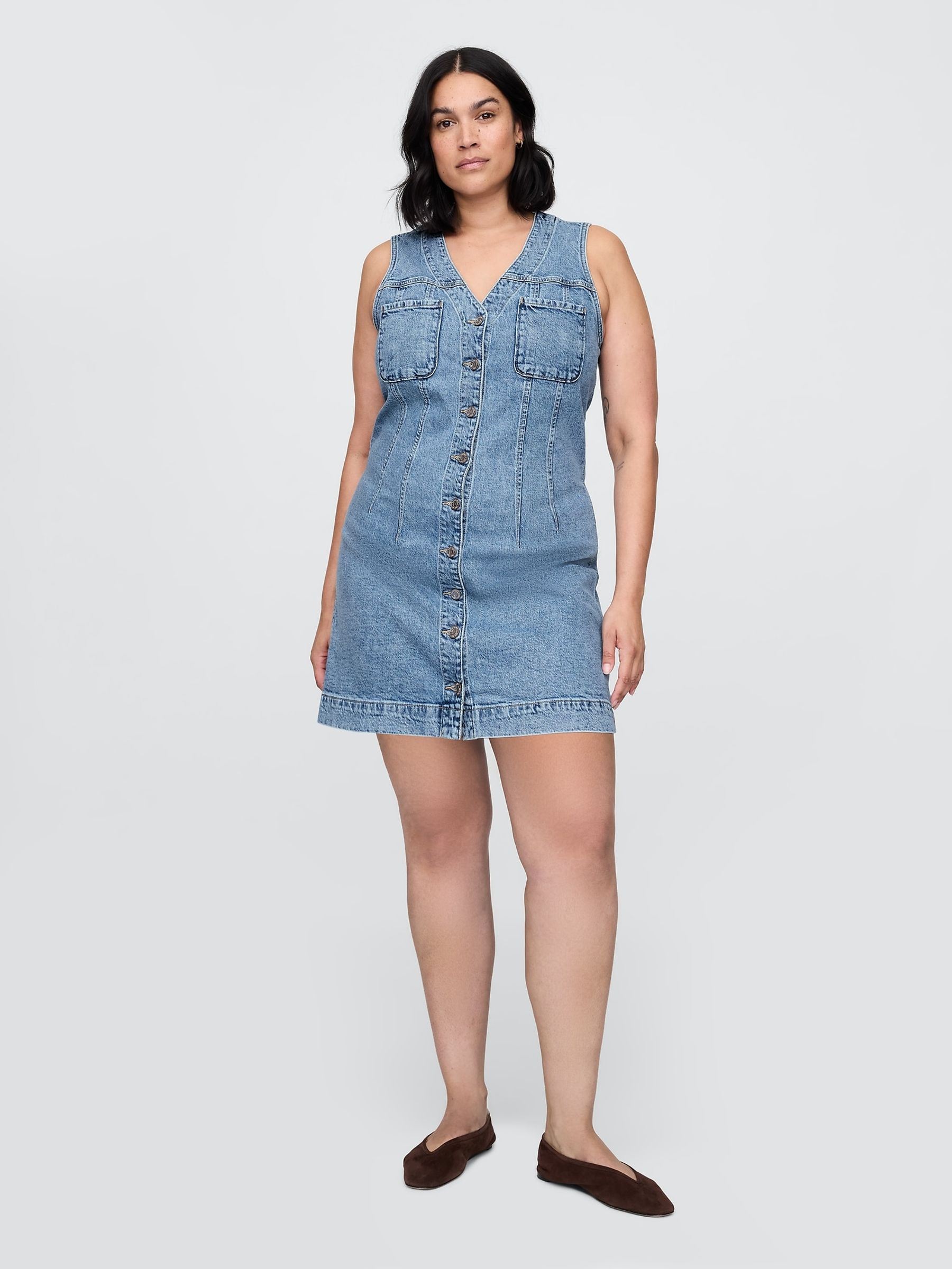 Blue V-Neck Sleeveless Denim Mini Summer Dress - Image 3 of 9