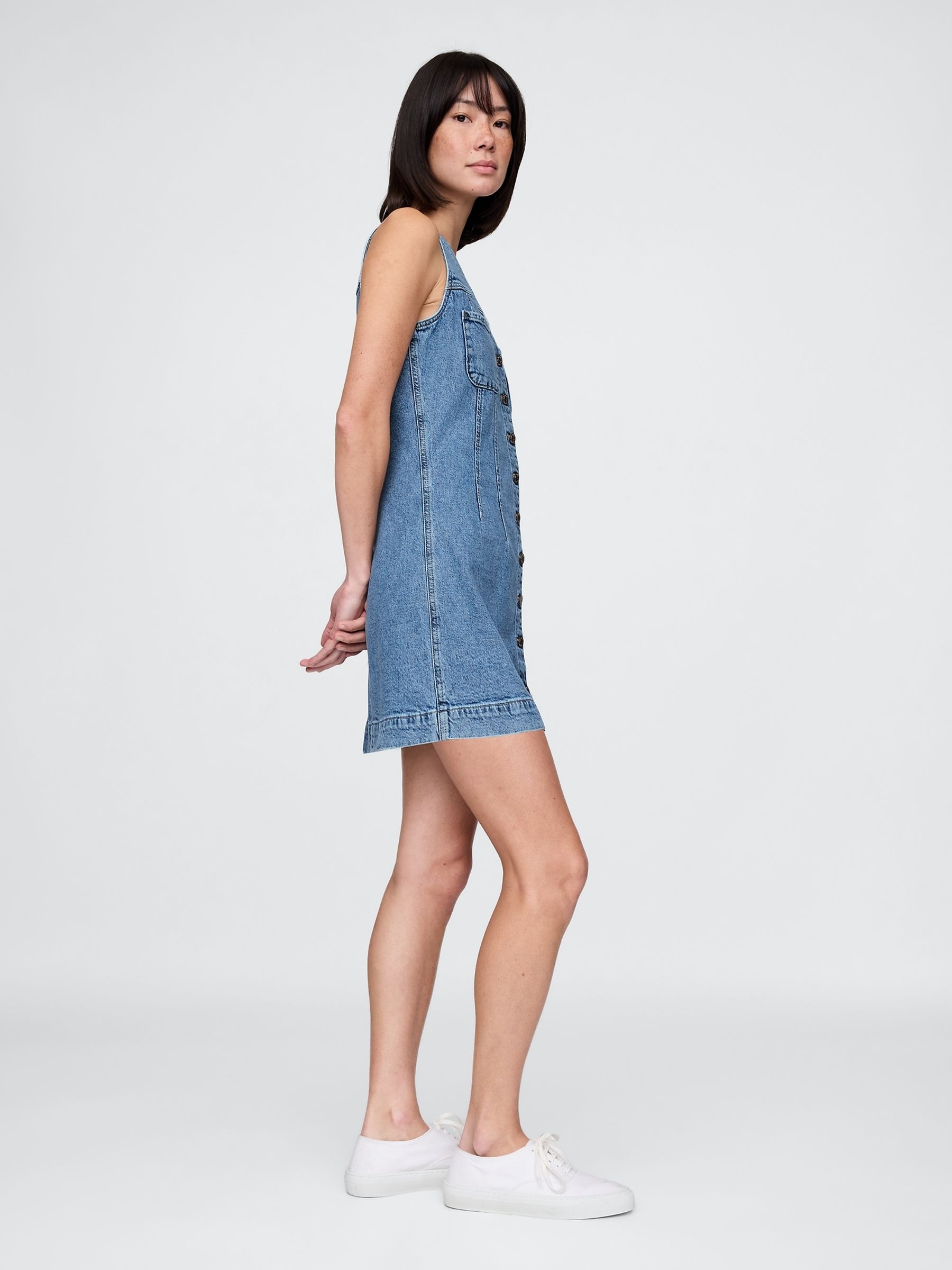 Blue V-Neck Sleeveless Denim Mini Summer Dress - Image 4 of 9