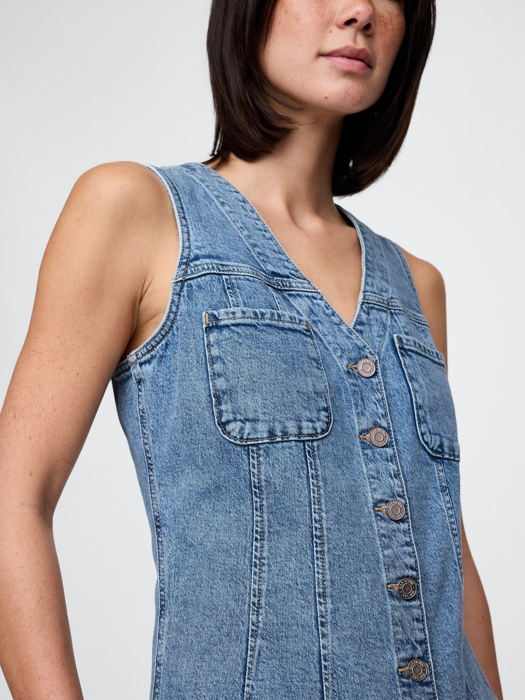 Blue V-Neck Sleeveless Denim Mini Summer Dress - Image 5 of 9