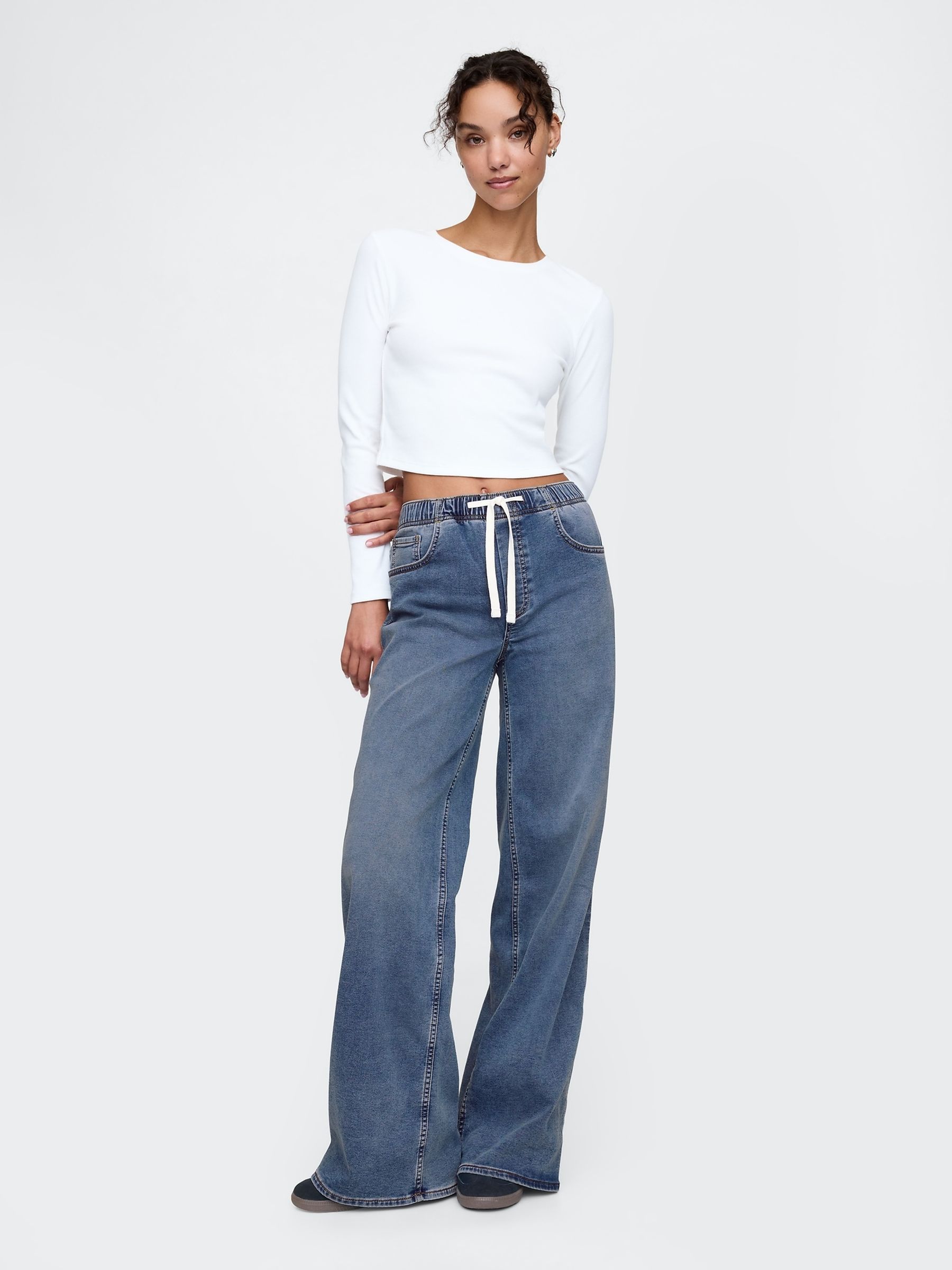 Blue Mid Rise Knit Easy Baggy Jeans - Image 1 of 8