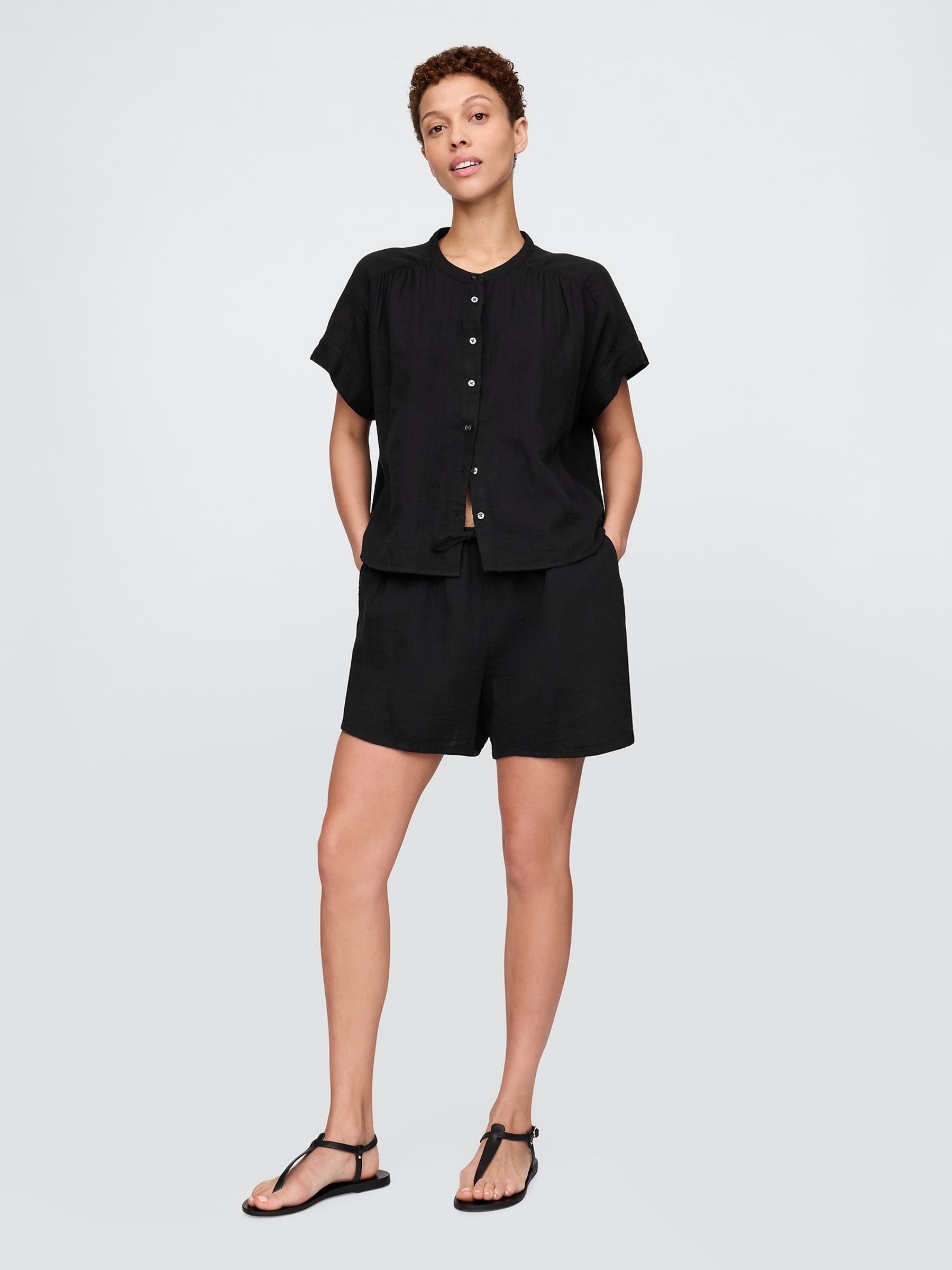 Black 100% Cotton Crinkle Gauze Easy Shorts - Image 4 of 5