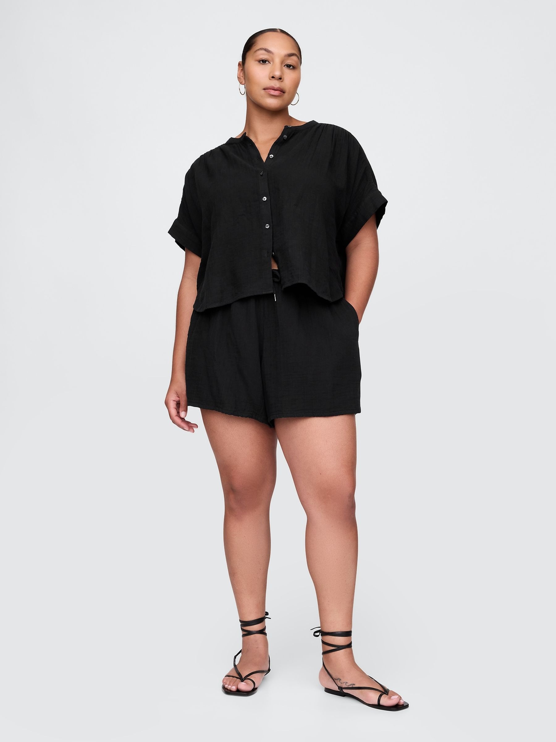Black 100% Cotton Crinkle Gauze Easy Shorts - Image 5 of 5