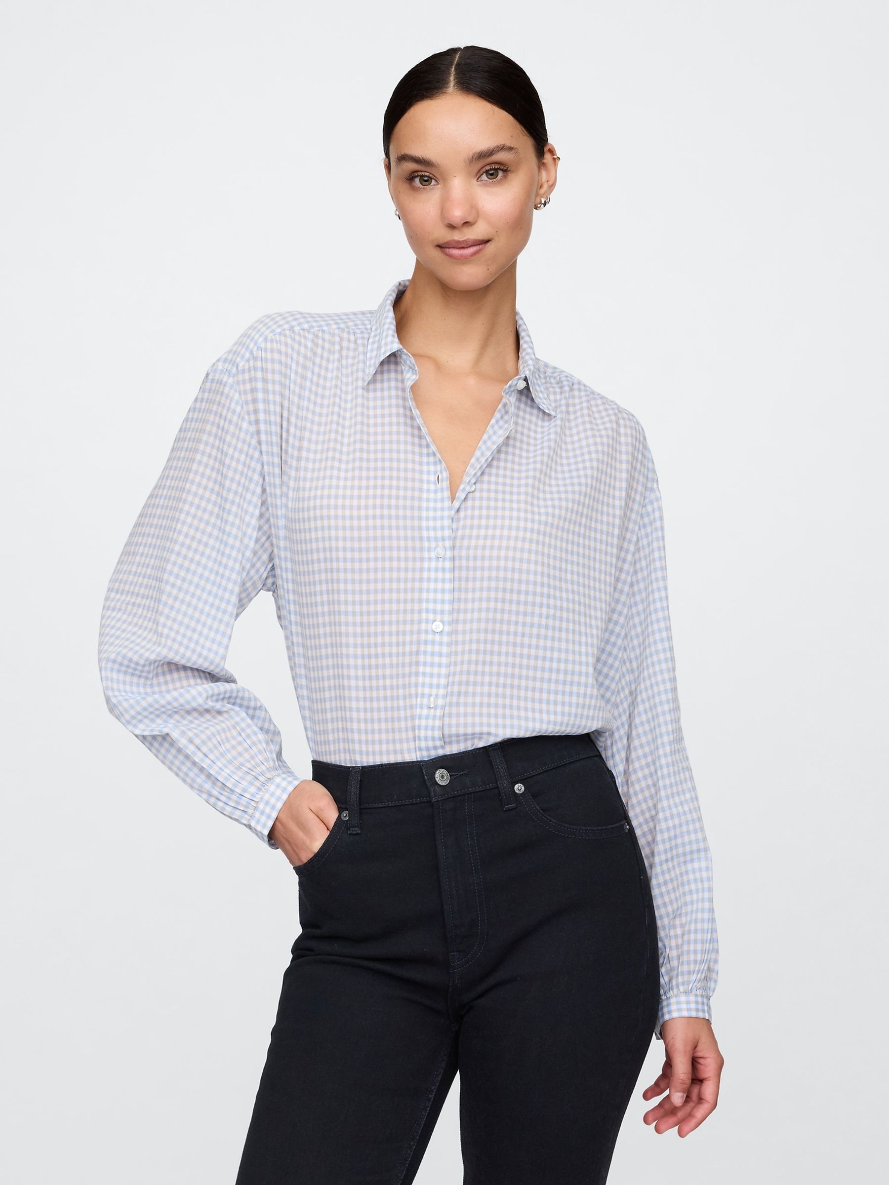 Blue Gingham Relaxed Button-Front Shirt - Image 1 of 5