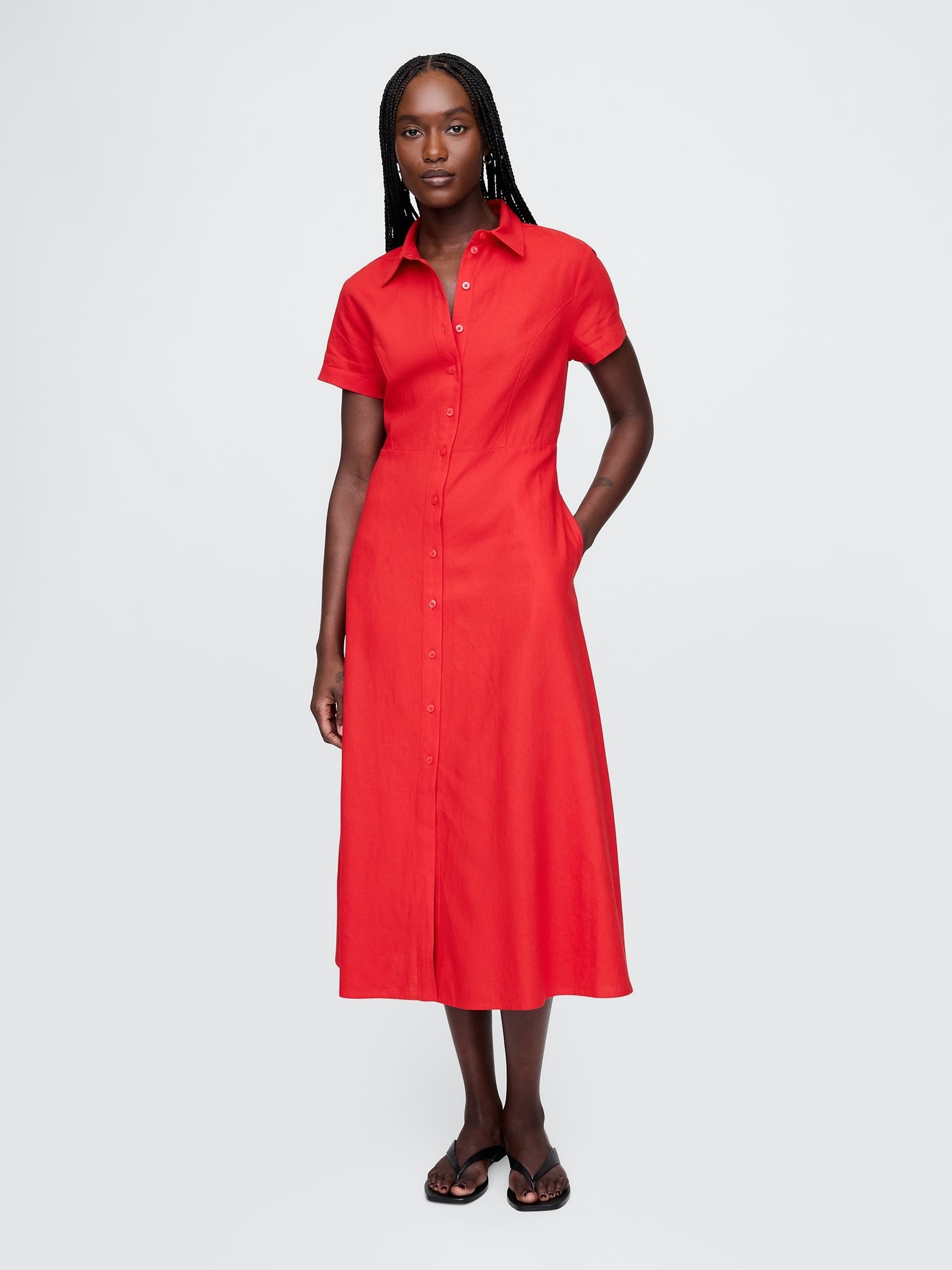 Red Heavyweight Linen-Blend Midi Shirt Dress - Image 1 of 5