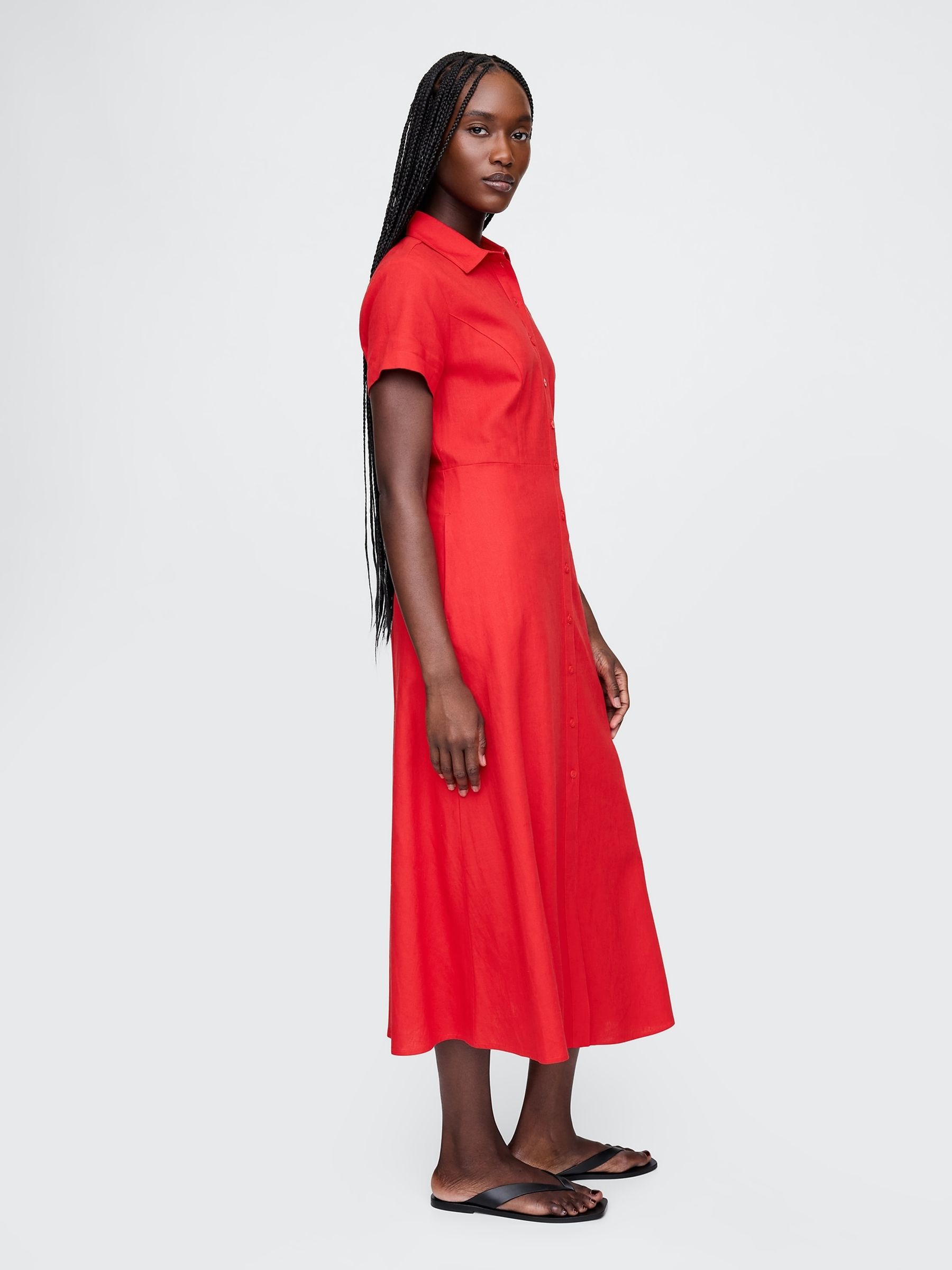 Red Heavyweight Linen-Blend Midi Shirt Dress - Image 3 of 5