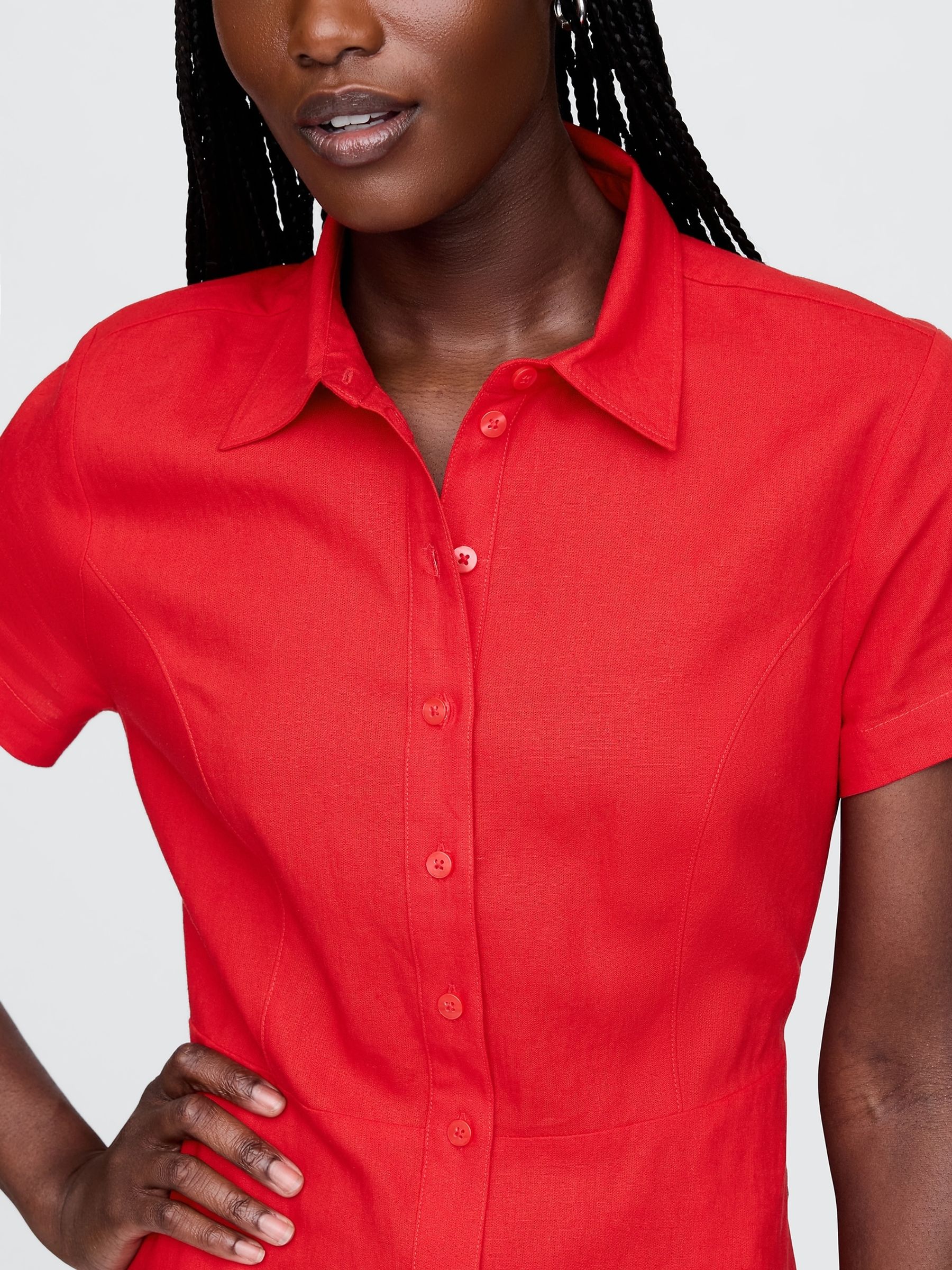 Red Heavyweight Linen-Blend Midi Shirt Dress - Image 4 of 5