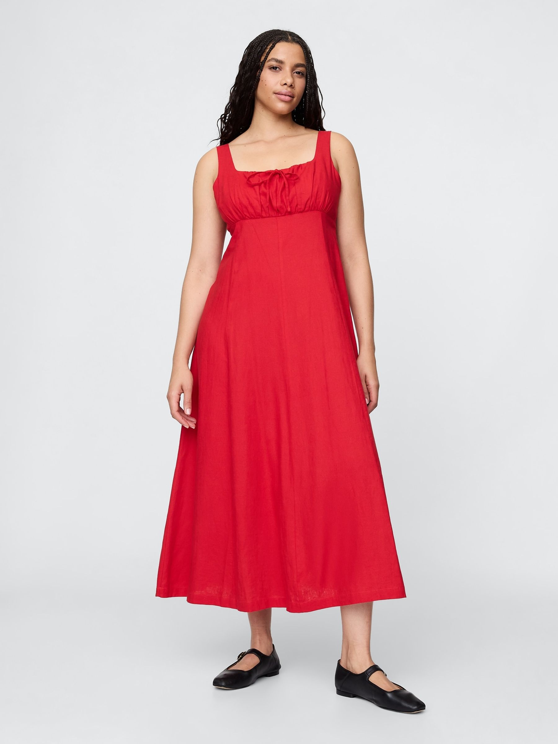 Red Linen-Blend Tie Front Midi Dress - Image 2 of 7
