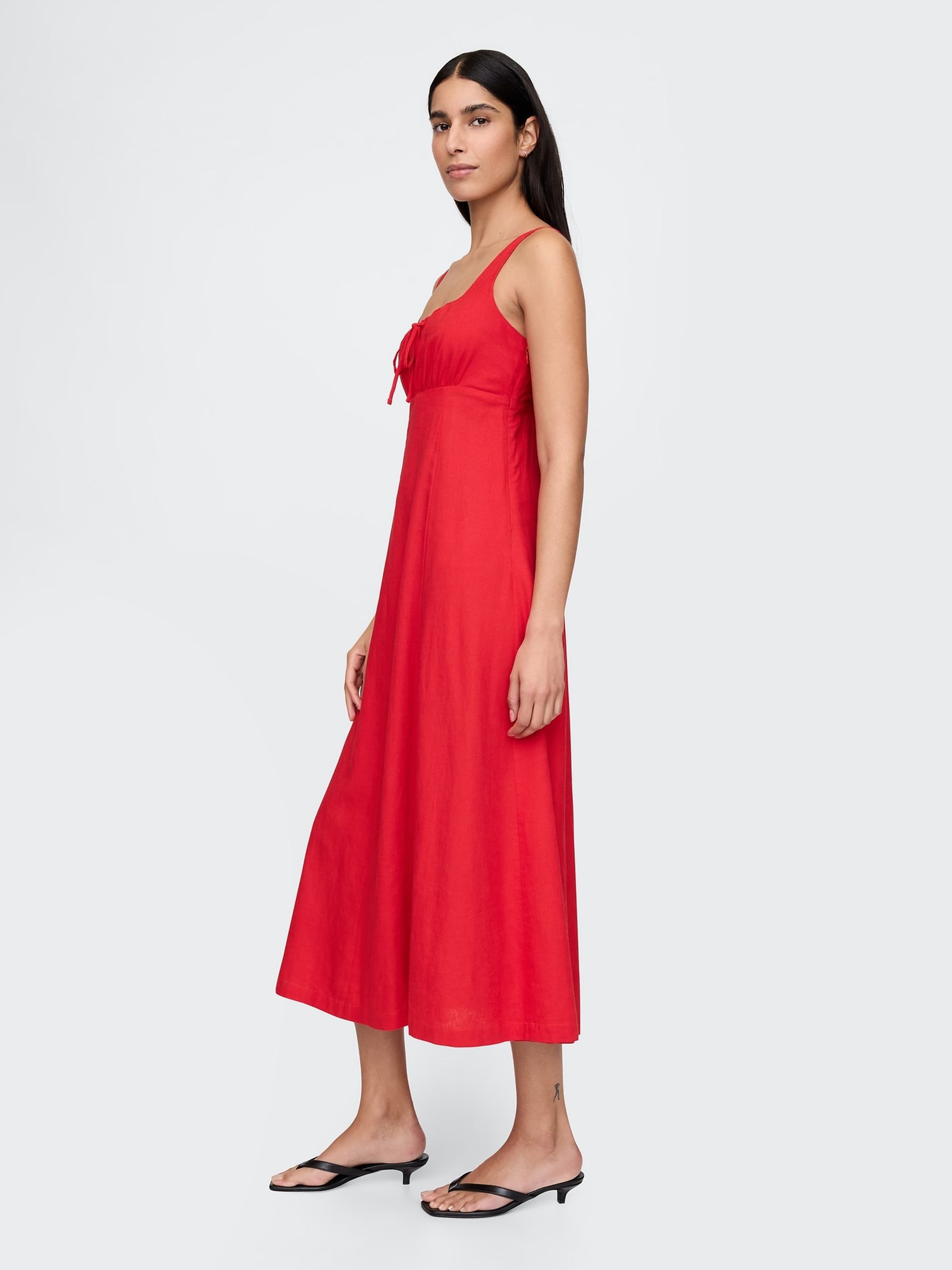 Red Linen-Blend Tie Front Midi Dress - Image 4 of 7