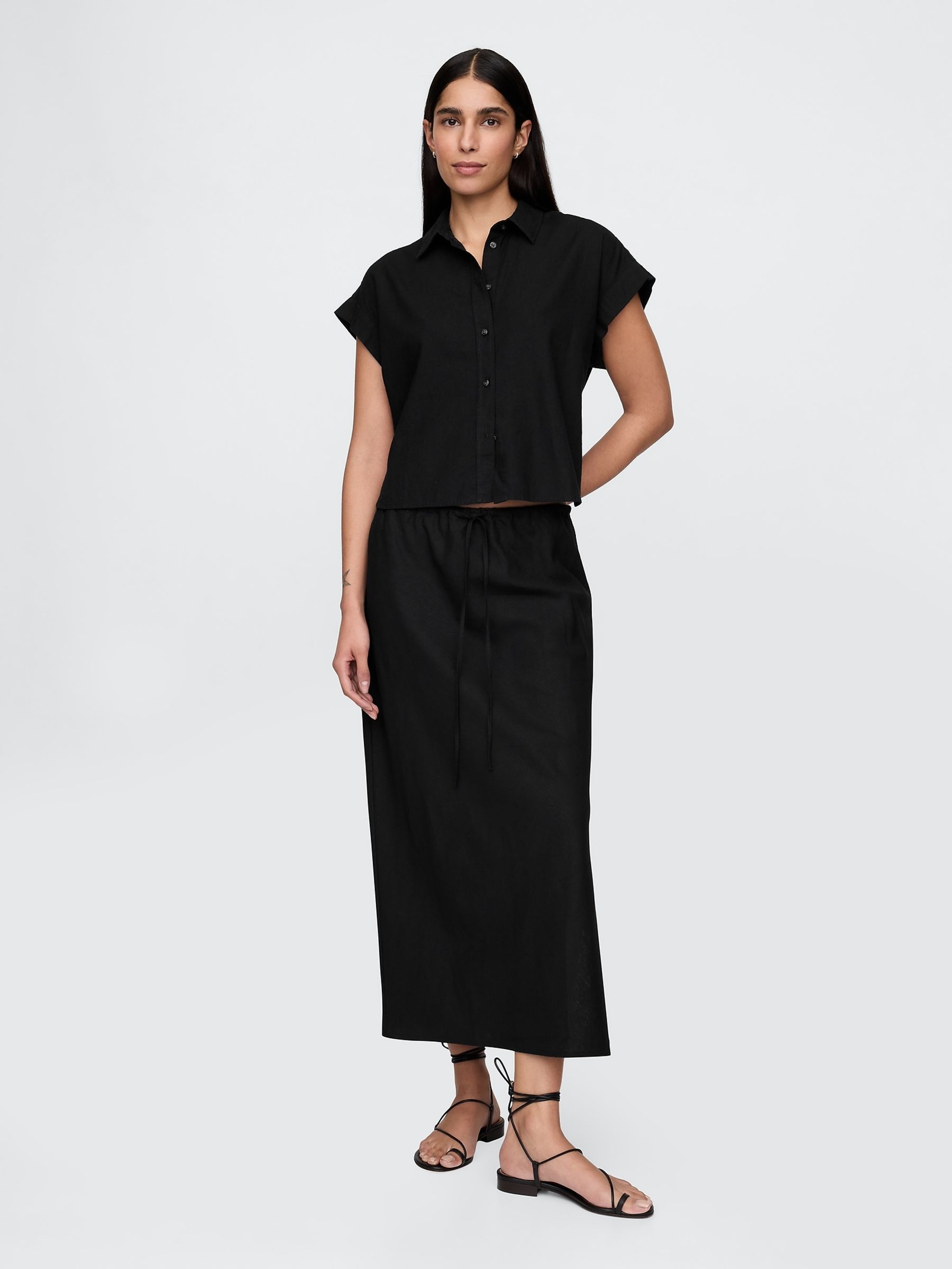 Black Linen-Blend Cropped Shirt - Image 3 of 5