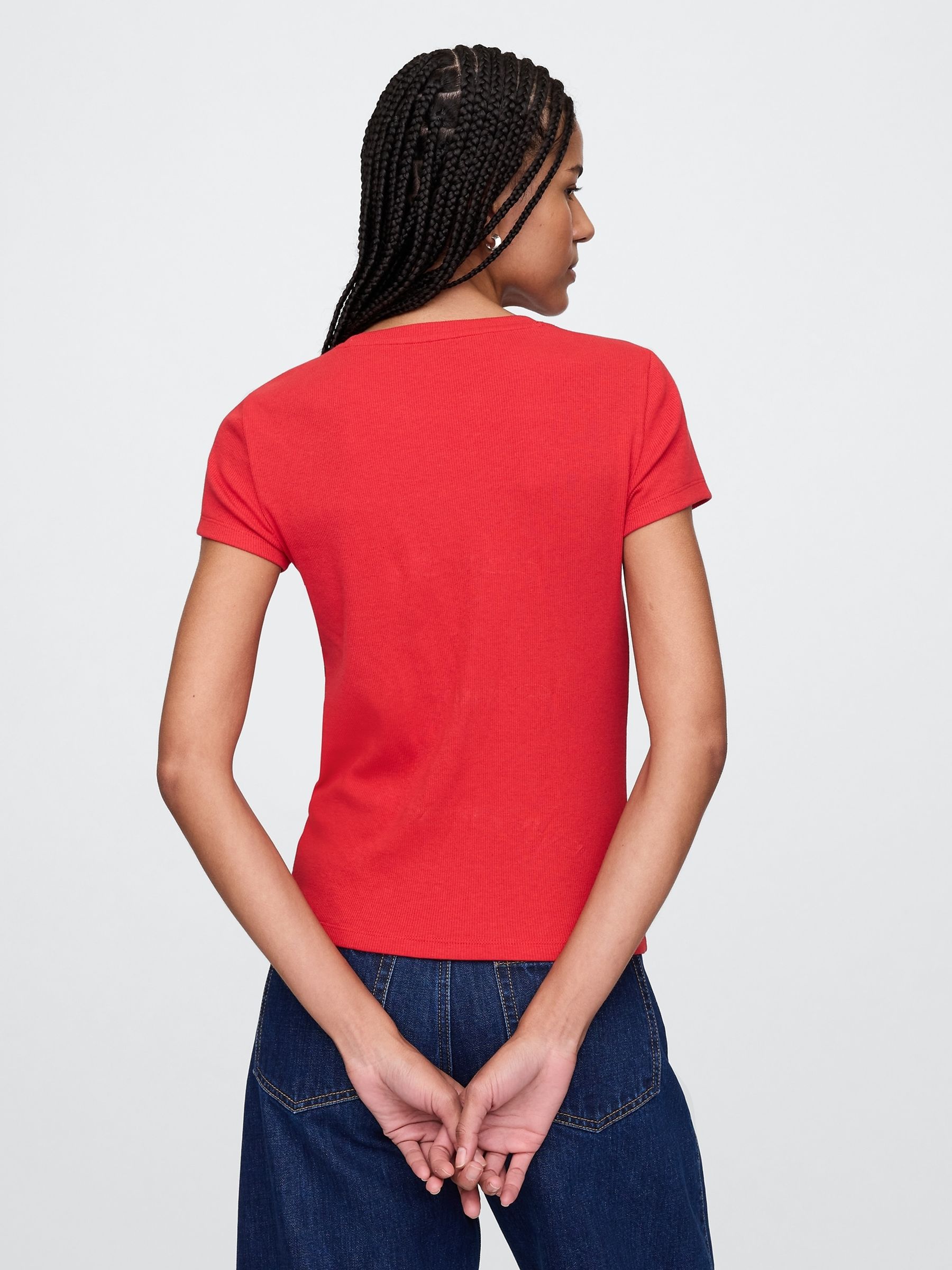 Red Modern Cotton-Modal Short Sleeve Ribbed Cropped T-Shirt - Image 2 of 5