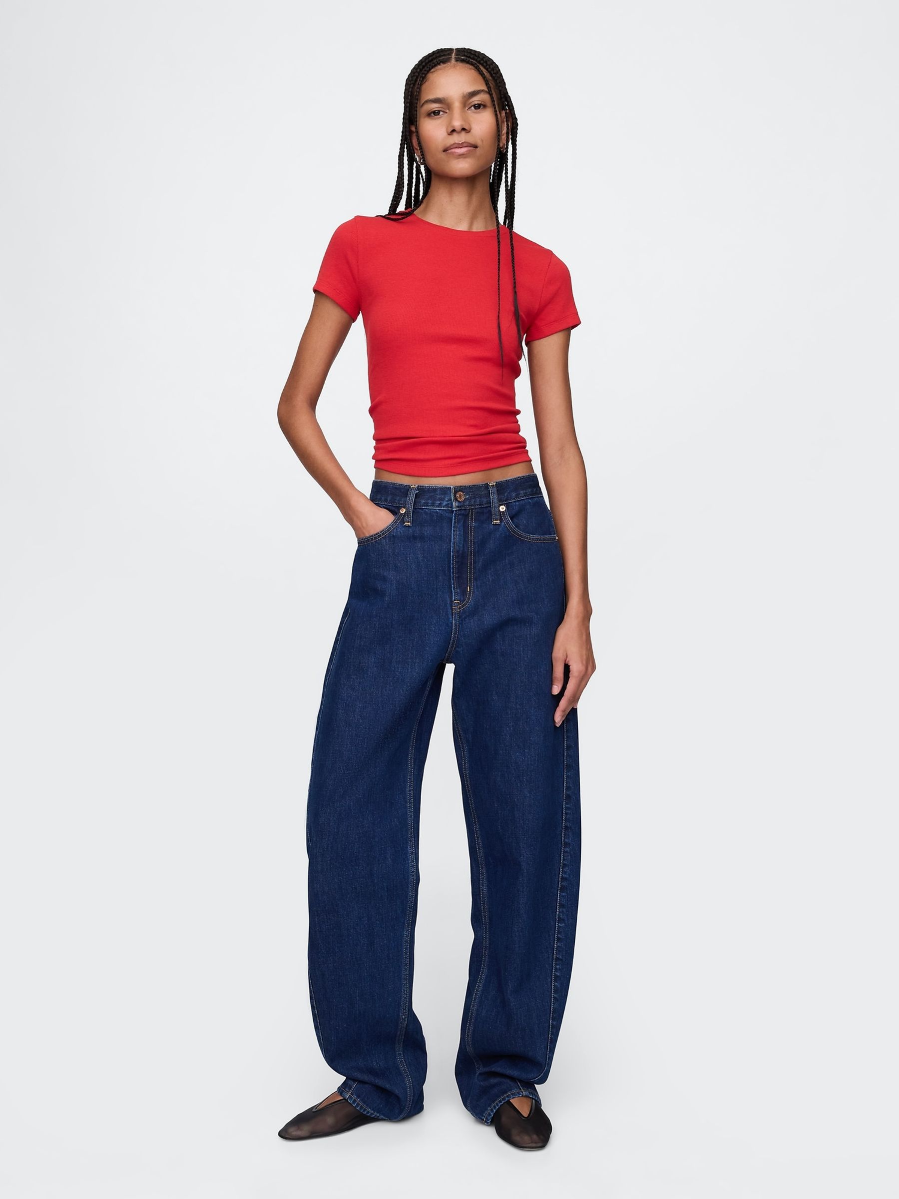 Red Modern Cotton-Modal Short Sleeve Ribbed Cropped T-Shirt - Image 3 of 5