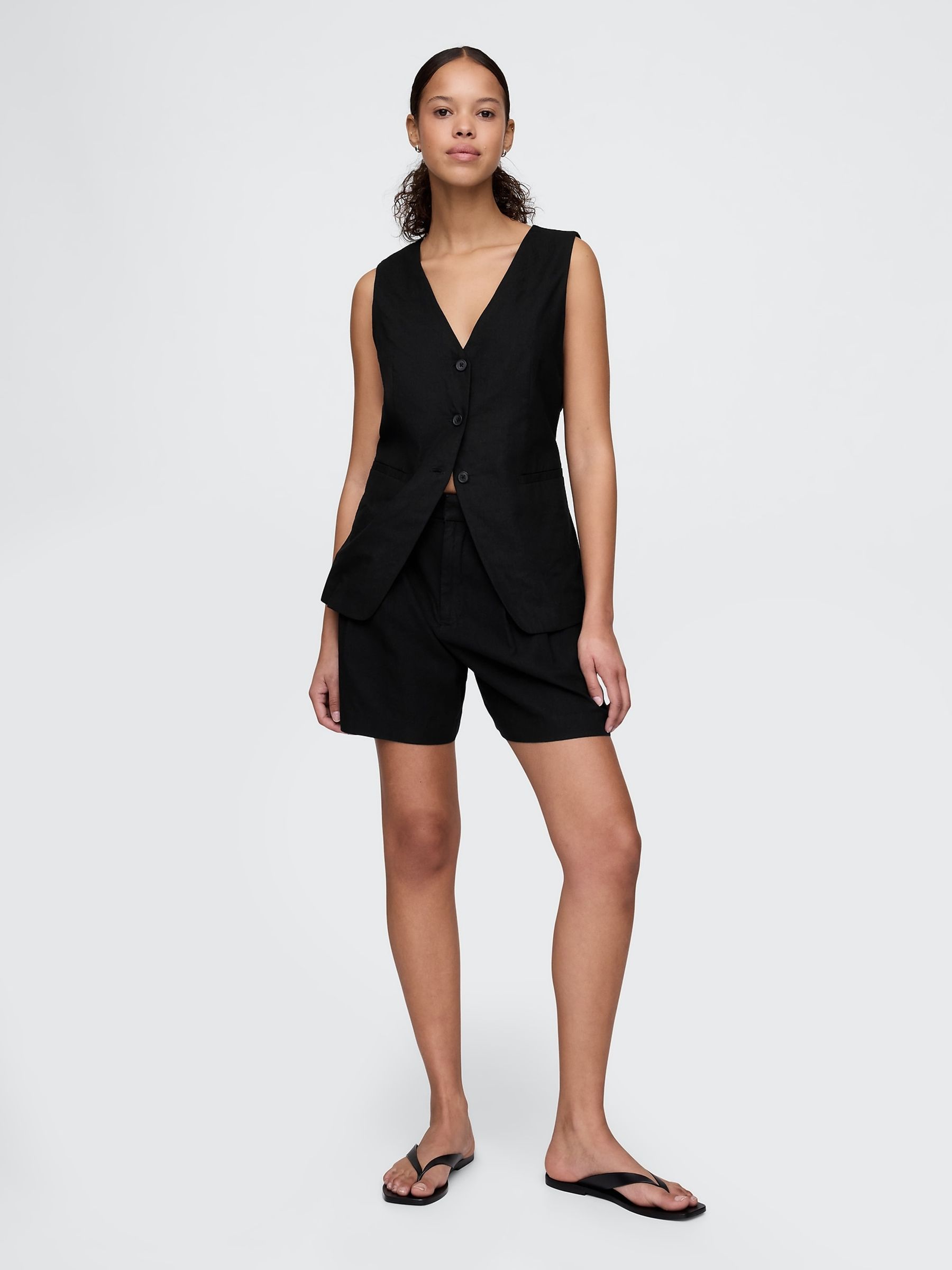 Black Heavyweight High Waisted Linen-Blend Shorts - Image 3 of 5