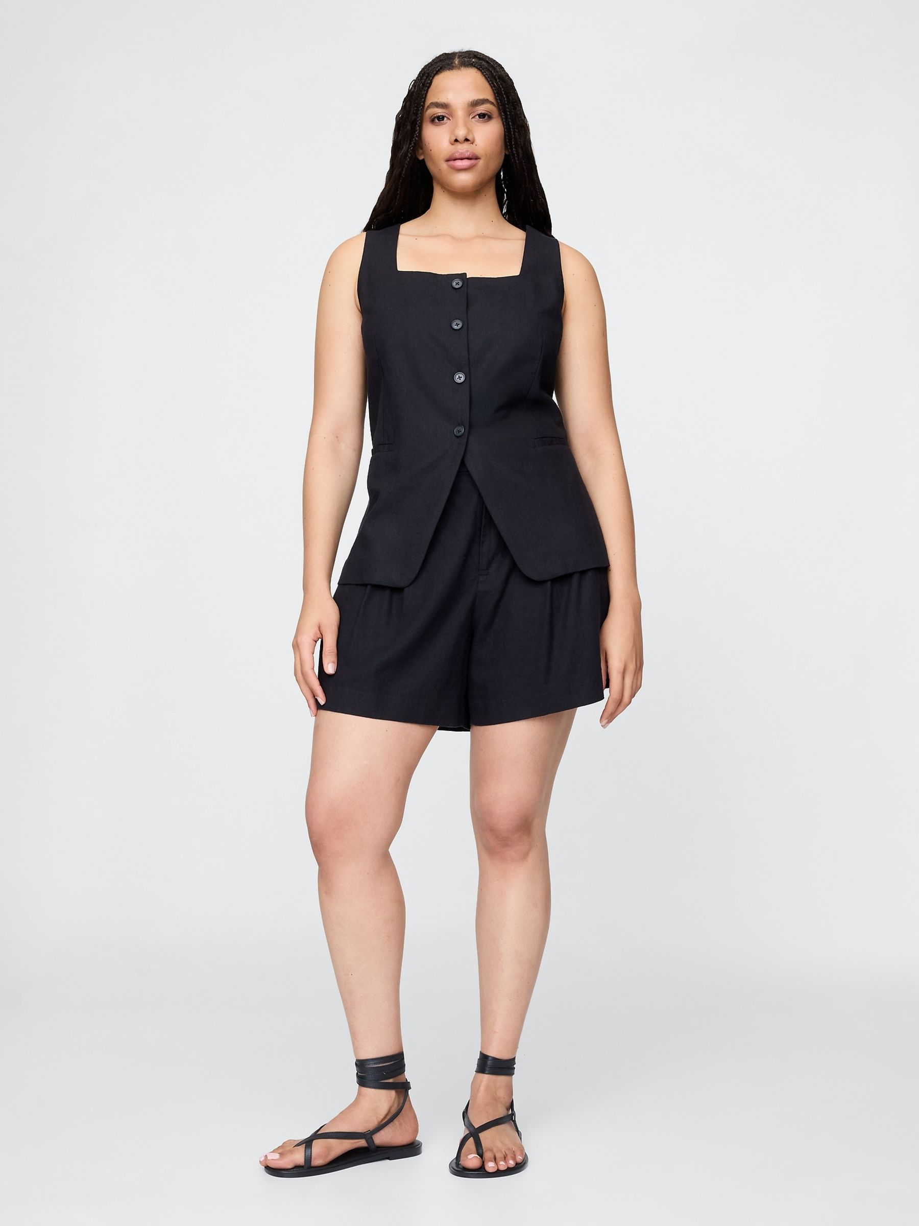 Black Heavyweight High Waisted Linen-Blend Shorts - Image 5 of 5